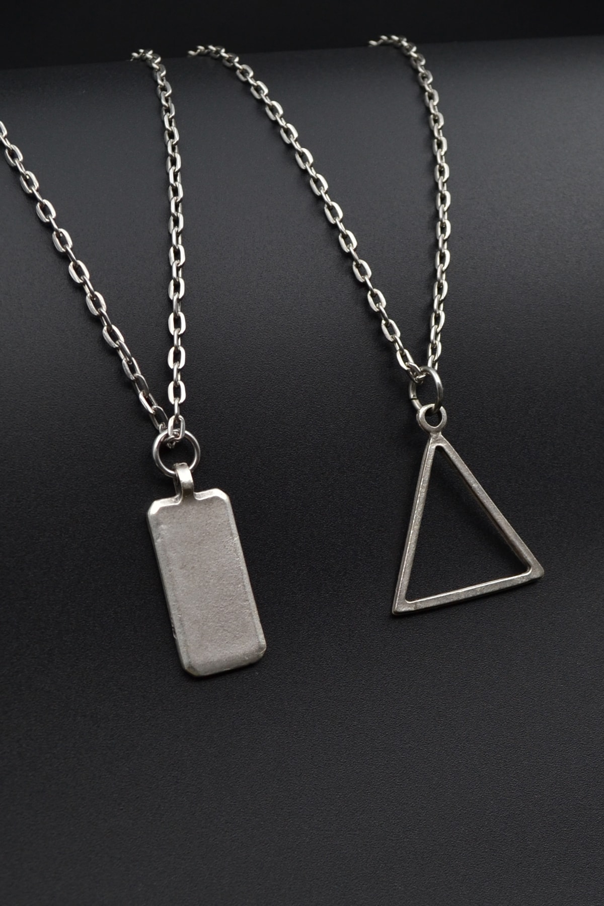 2'li Dikdörtgen Bar Üçgen Geometrik Erkek Kadın Kolye Seti