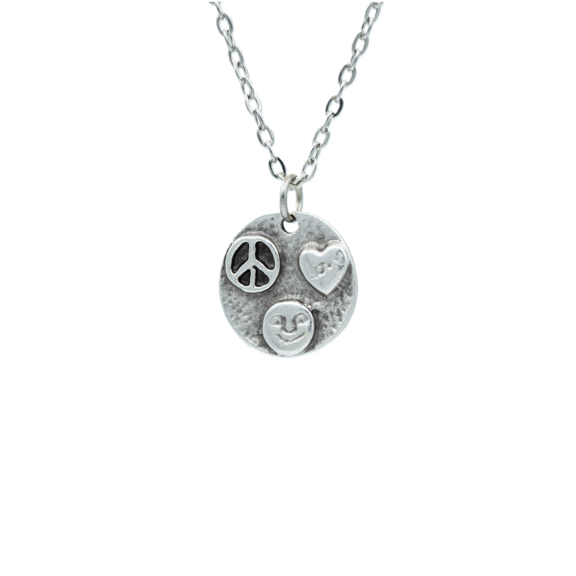 Peace Barış Sembolü - Kalp - Gülen Surat Kolye - Gümüş ( Silver ) Renk - 60 cm Düz Ezme Zincir Kolye