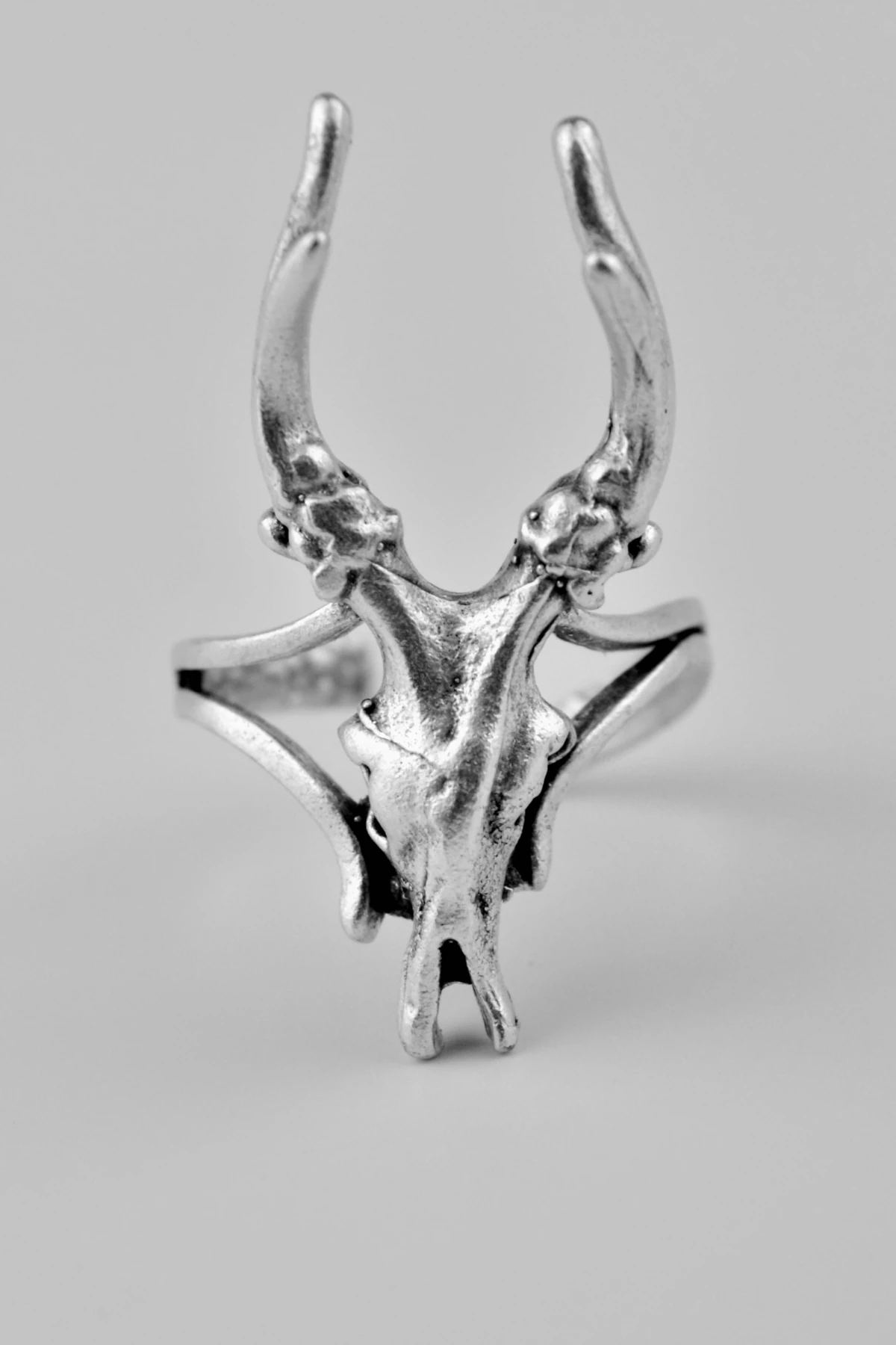 Geyik Başı Kuru Kafa Antik Gümüş Kaplama Ayarlamalı Erkek Kadın Yüzük