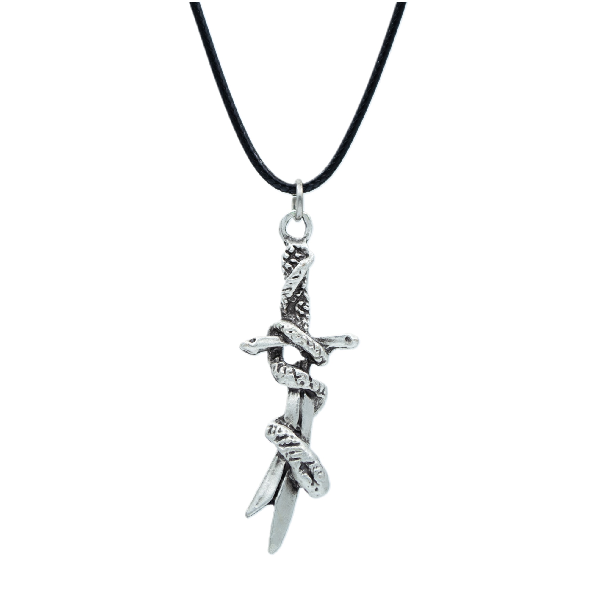 Yılanlı Kılıç Kolye - Gümüş ( Silver ) Renk - 60 cm Deri İp Kolye