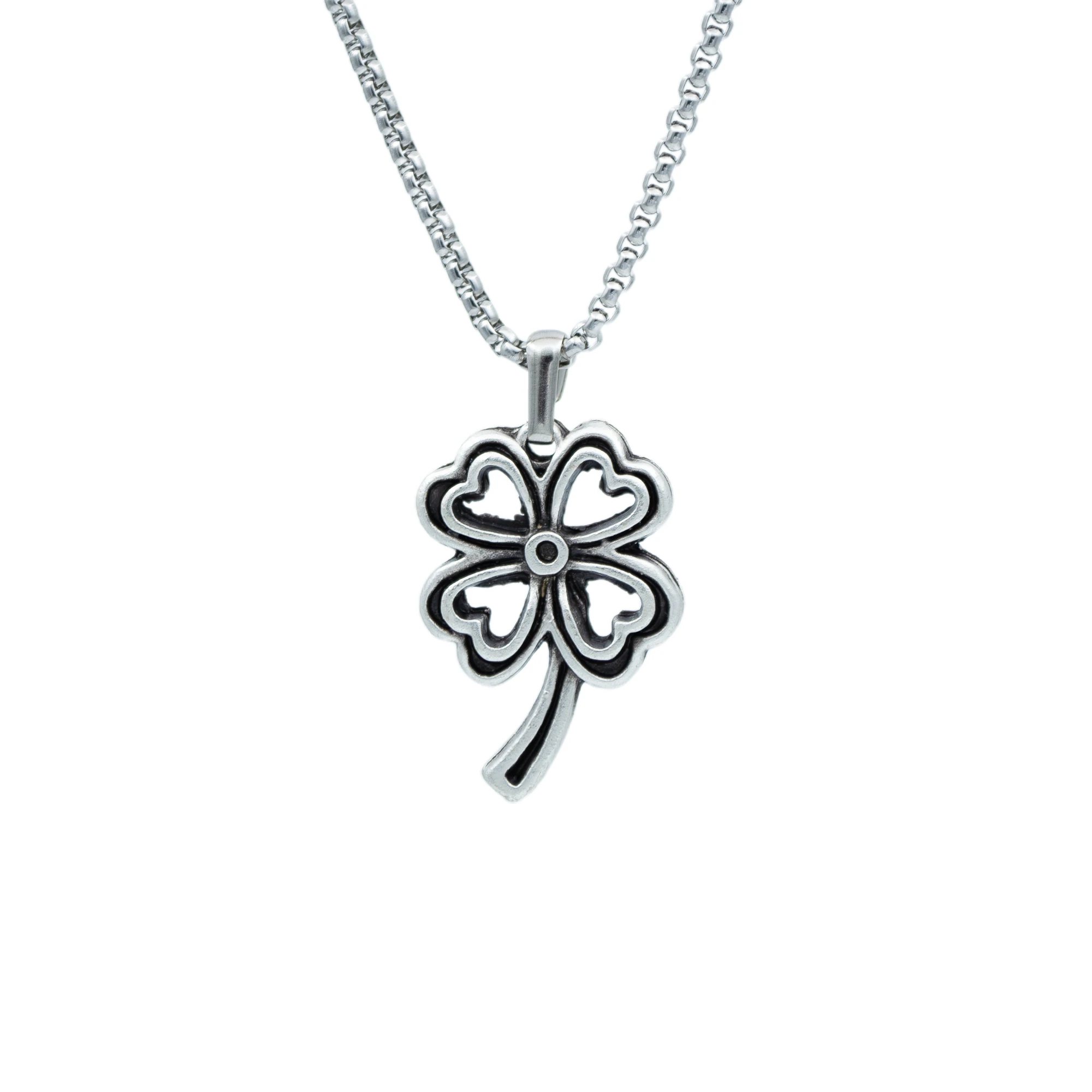 Dört Yapraklı Yonca Kolye - Gümüş ( Silver ) Renk - 60 cm Örme Zincir Kolye