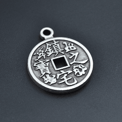 Feng Shui Çin Şans Parası Kolye - Gümüş ( Silver ) Renk - 60 cm Deri İp Kolye