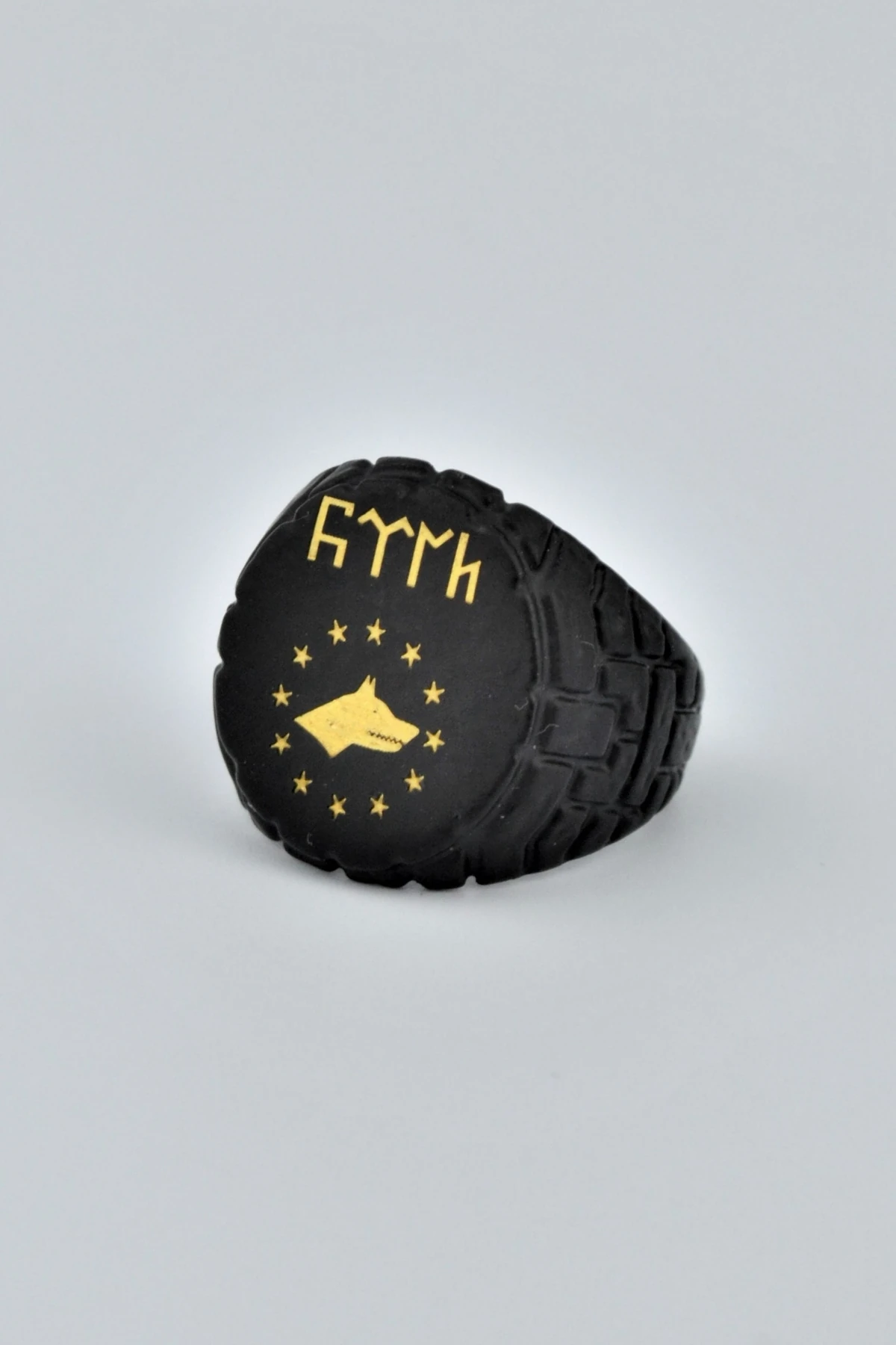 Eski Türkçe Türk Uluyan Kurt Yuvarlak Mat Siyah Ayarlamalı Erkek Yüzük