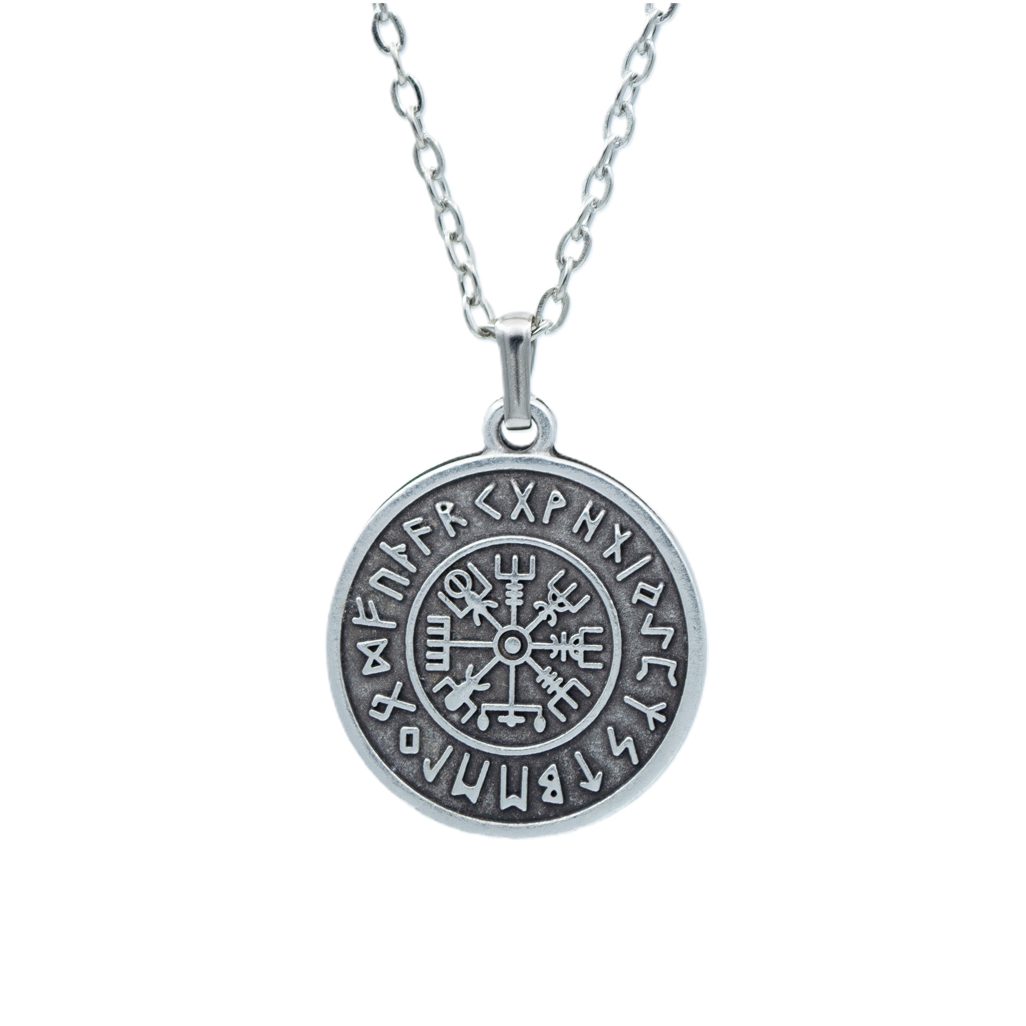 Vegvisir Viking Pusula Kolye - Gümüş ( Silver ) Renk - 60 cm Düz Ezme Zincir Kolye