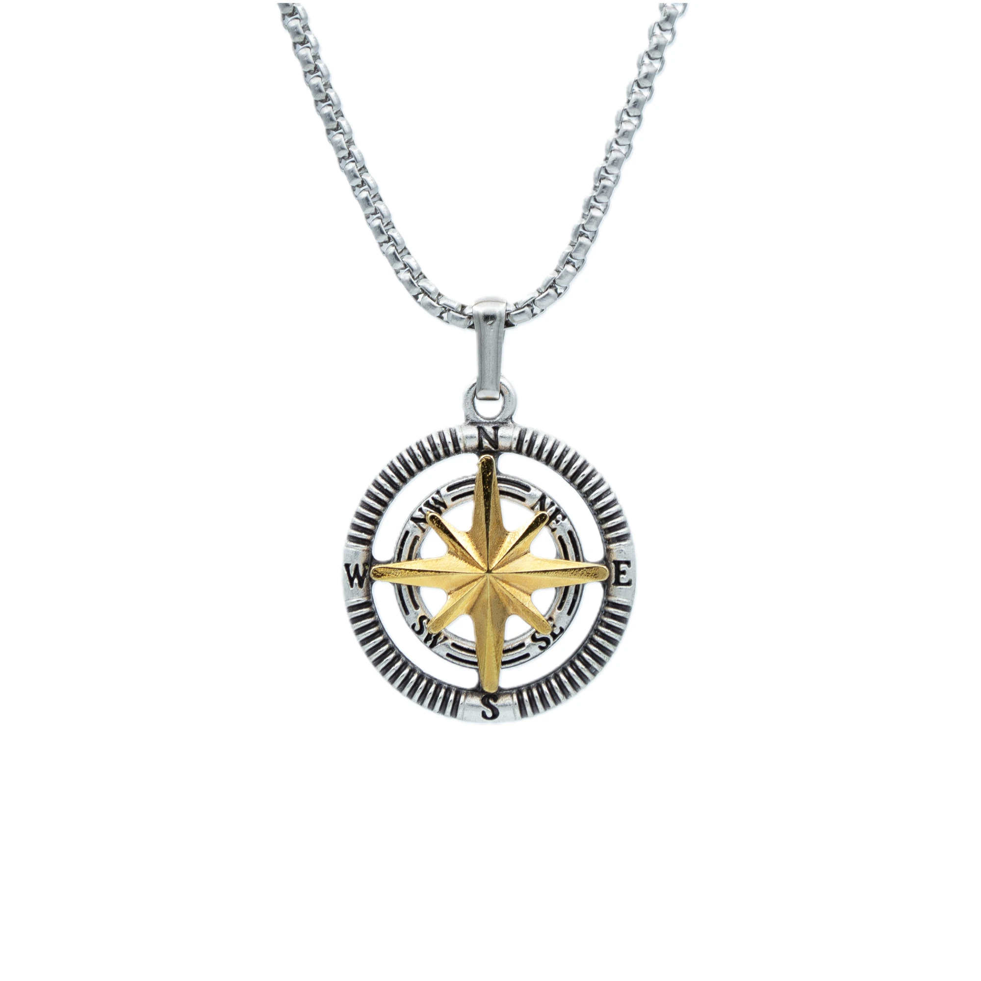 Kutup Yıldızı Detaylı Pusula Kolye - Gümüş ( Silver ) Renk - 60 cm Örme Zincir Kolye