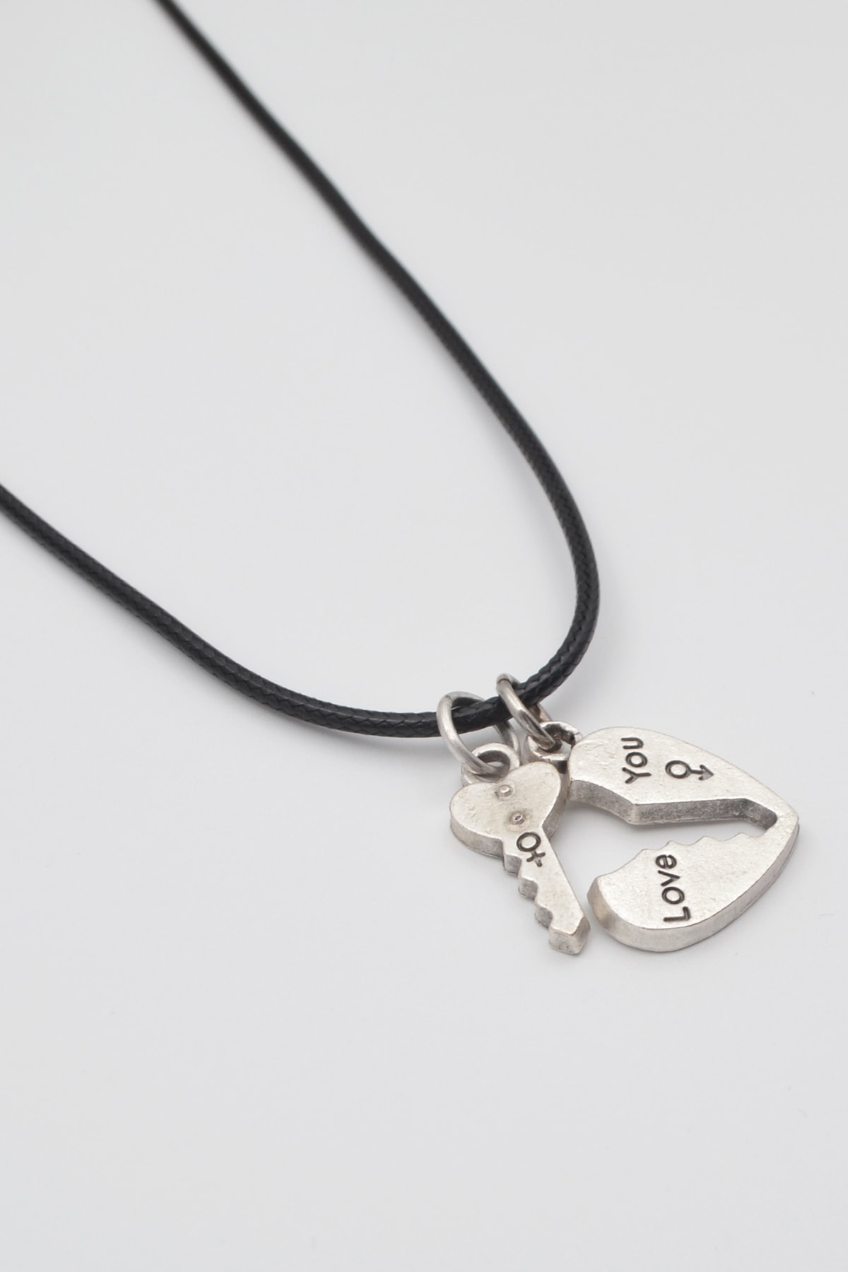 Kalp ve Anahtar 2'li Kolye - Gümüş ( Silver ) Renk - 60 cm Deri İp Kolye