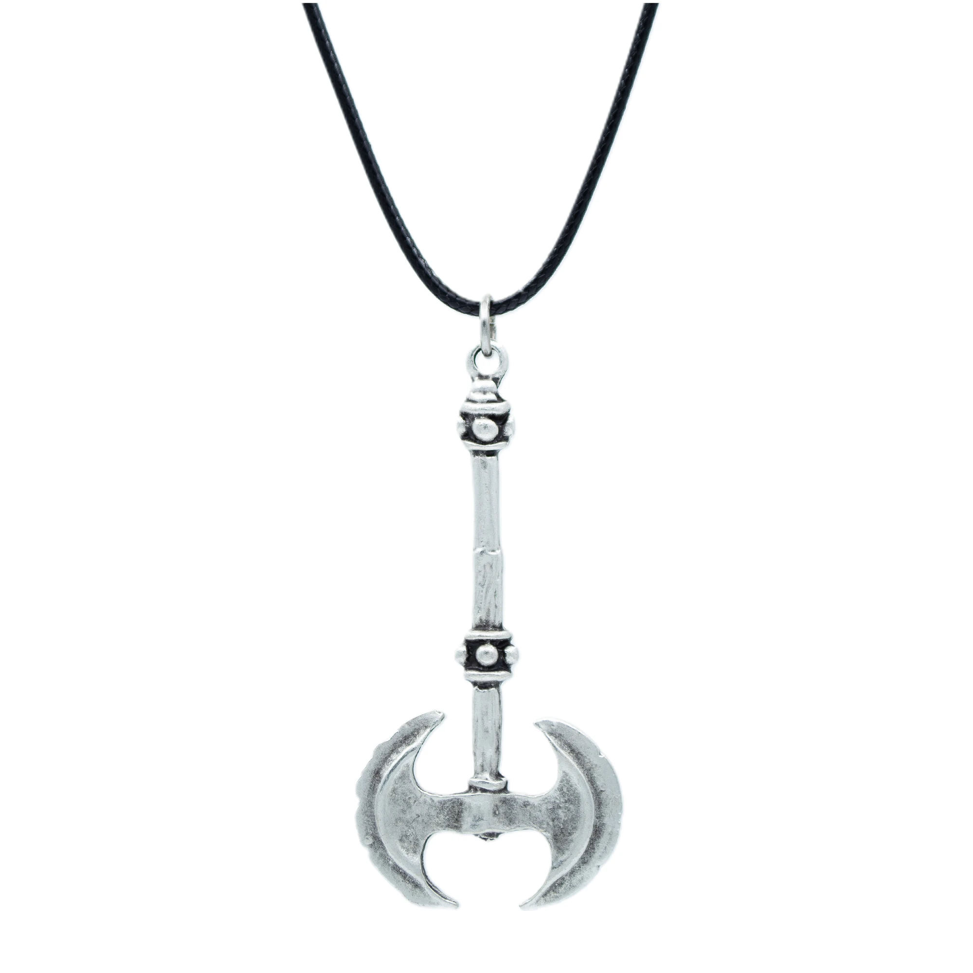 Çift Taraflı Savaşçı Balta Kolye - Gümüş ( Silver ) Renk - 60 cm Deri İp Kolye