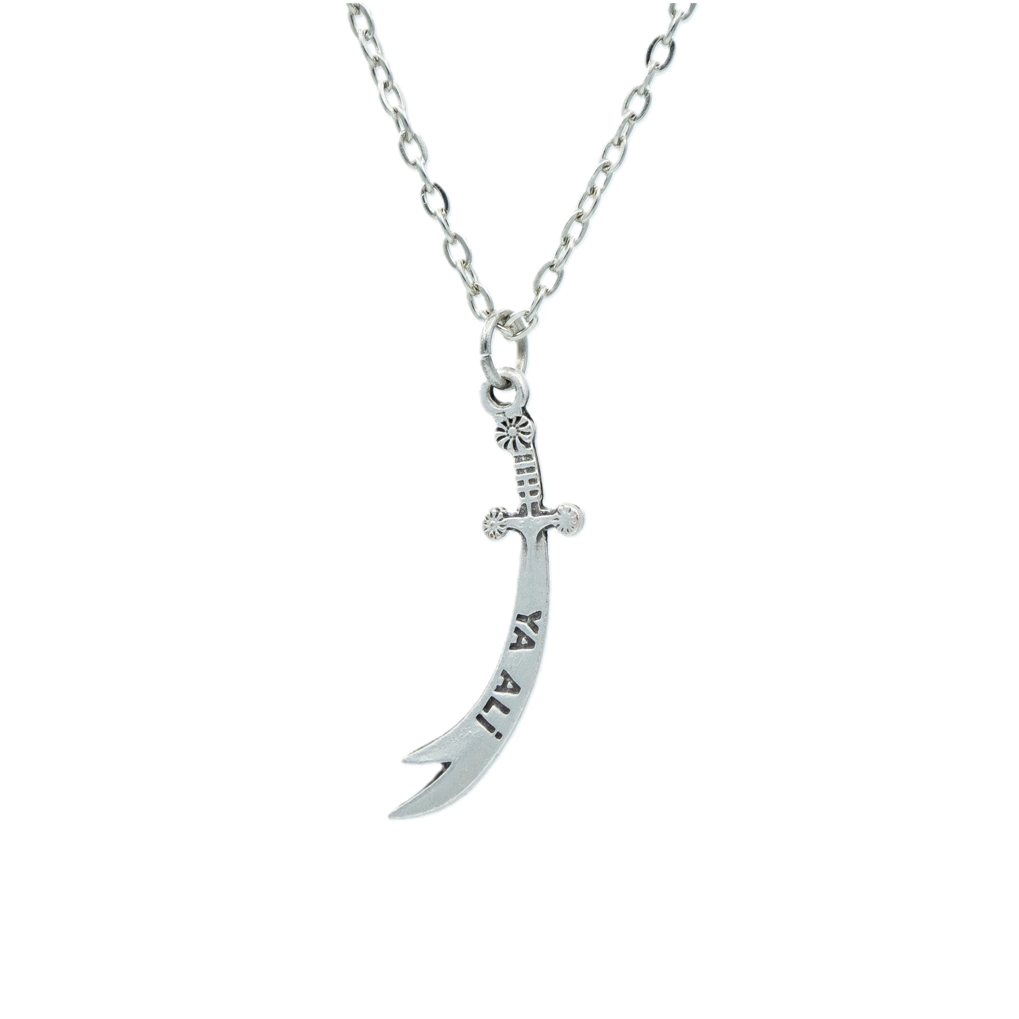 Zülfikar Kılıcı - Ya Ali Kolye - Gümüş ( Silver ) Renk - 60 cm Düz Ezme Zincir Kolye