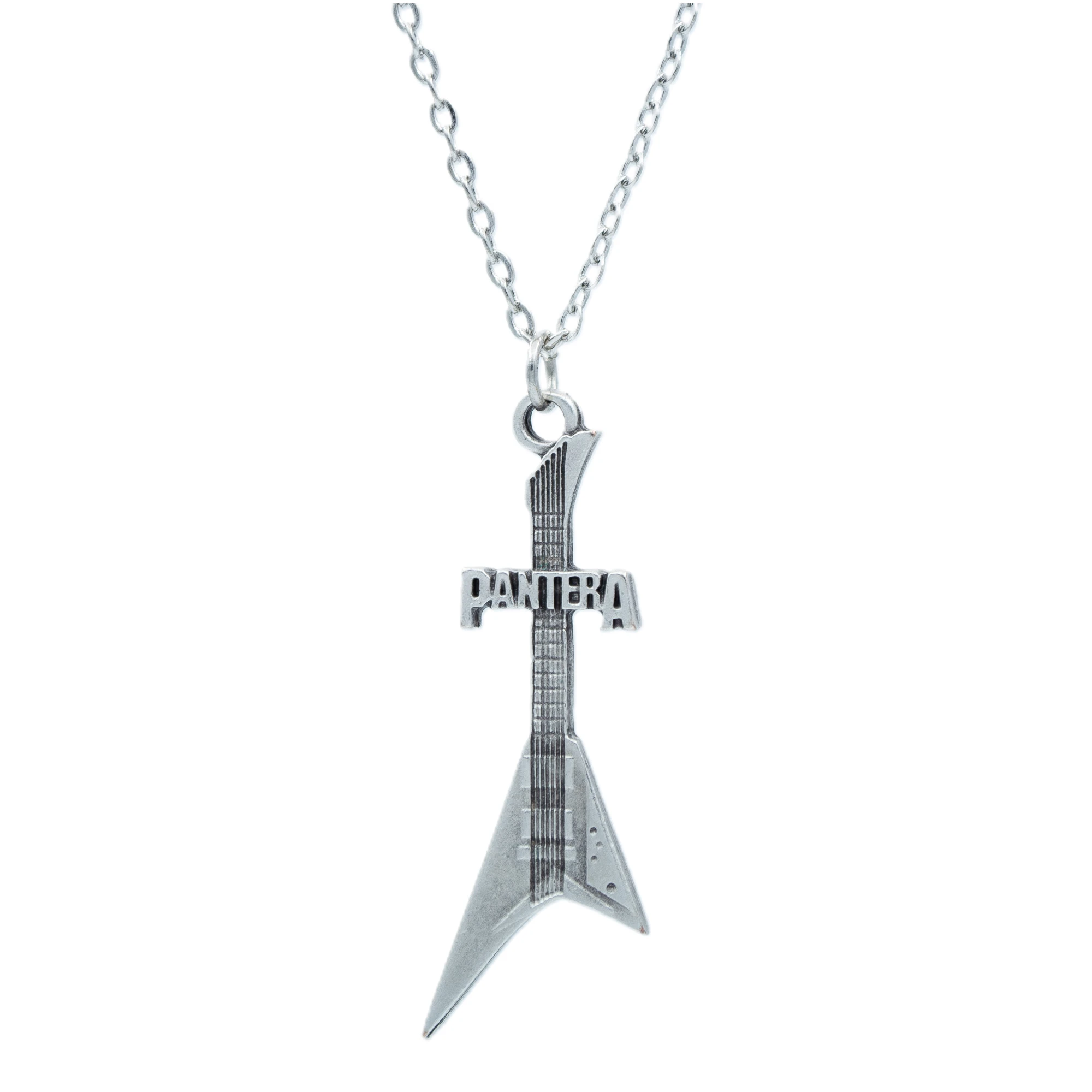 Pantera Elektro Gitar Kolye - Gümüş ( Silver ) Renk - 60 cm Düz Ezme Zincir Kolye