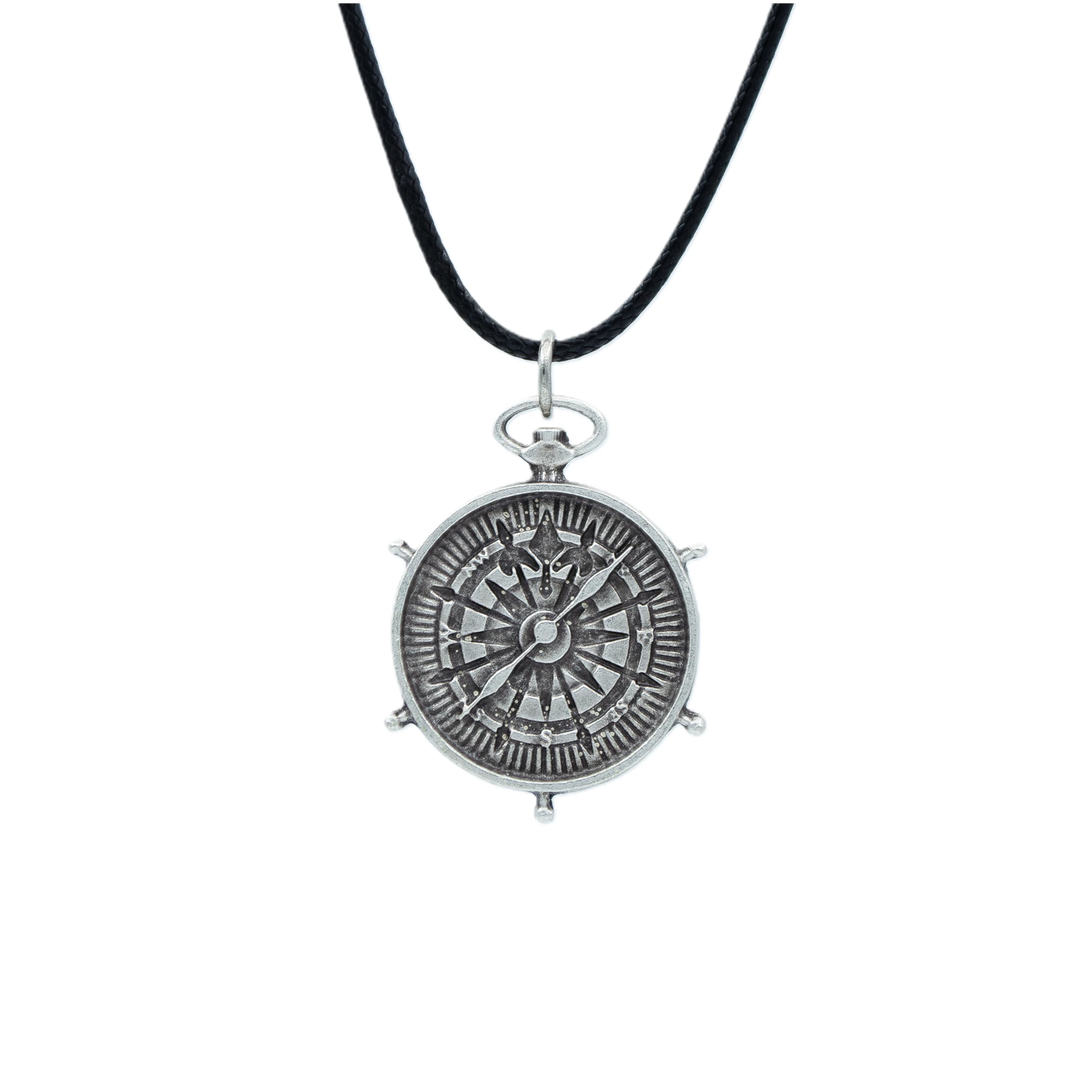 Pusula Kolye - Gümüş ( Silver ) Renk - 60 cm Deri İp Kolye