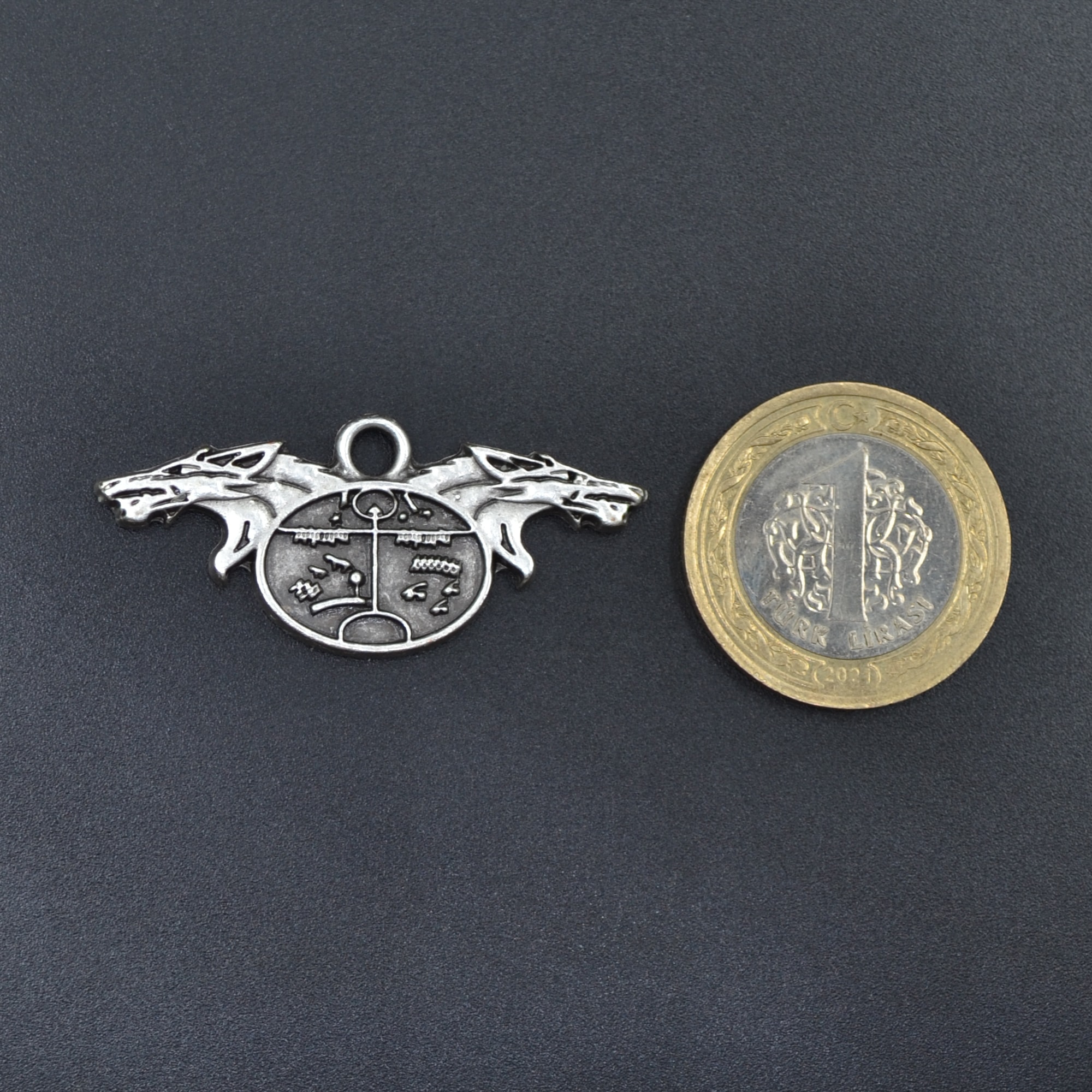 Şaman Kam Davulu - Kurt Kolye Ucu - Gümüş ( Silver ) Renk