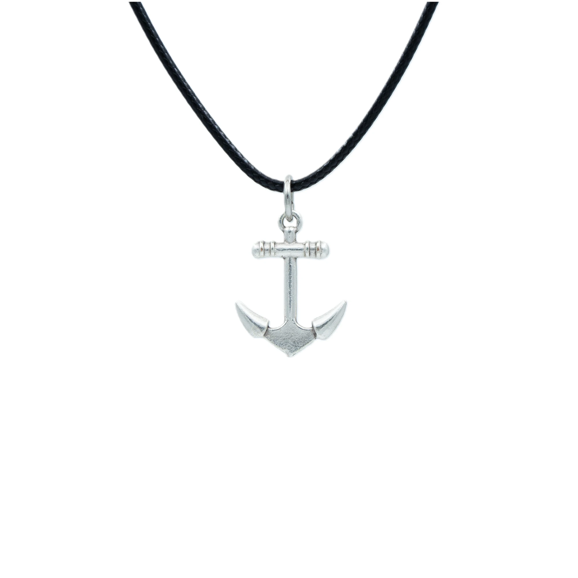 Minimal Deniz Çapası Kolye - Gümüş ( Silver ) Renk - 60 cm Deri İp Kolye