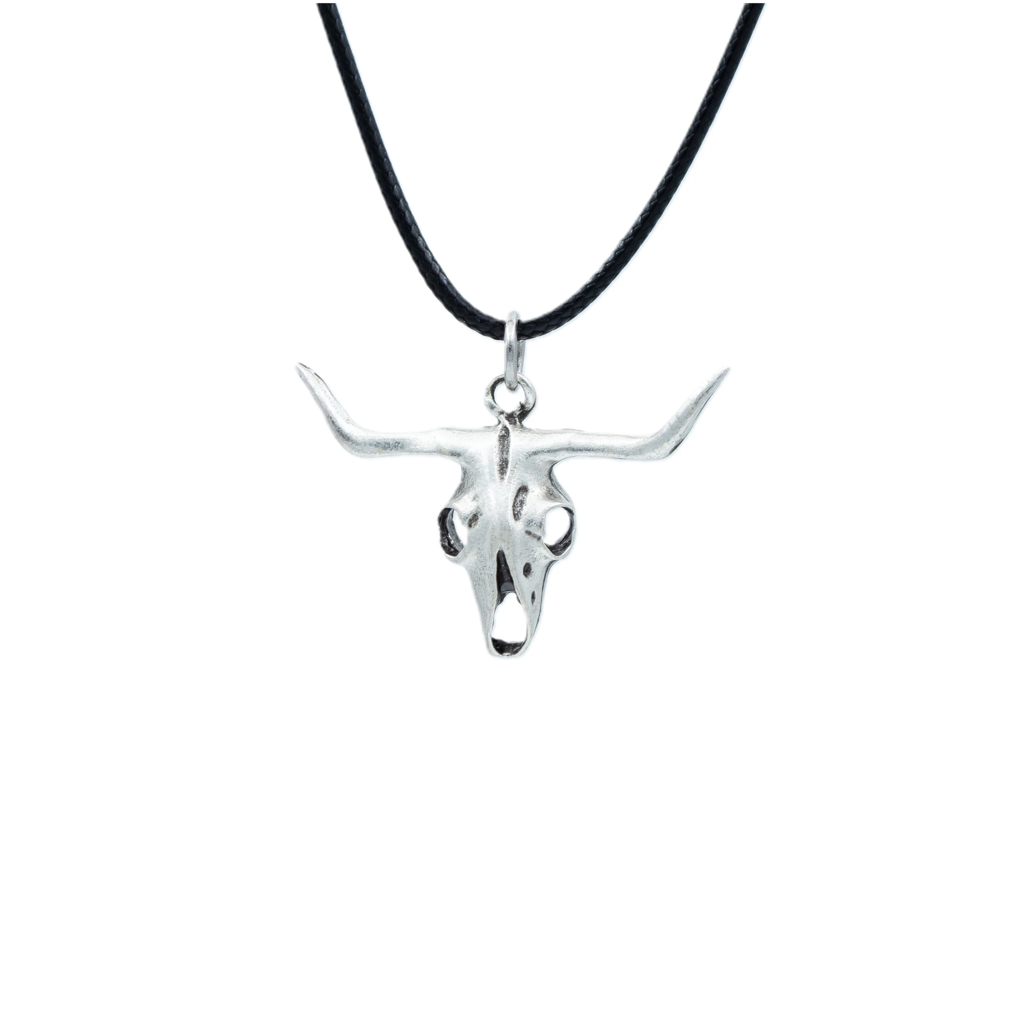 Boğa - Kuru Kafa Kolye - Gümüş ( Silver ) Renk - 60 cm Deri İp Kolye