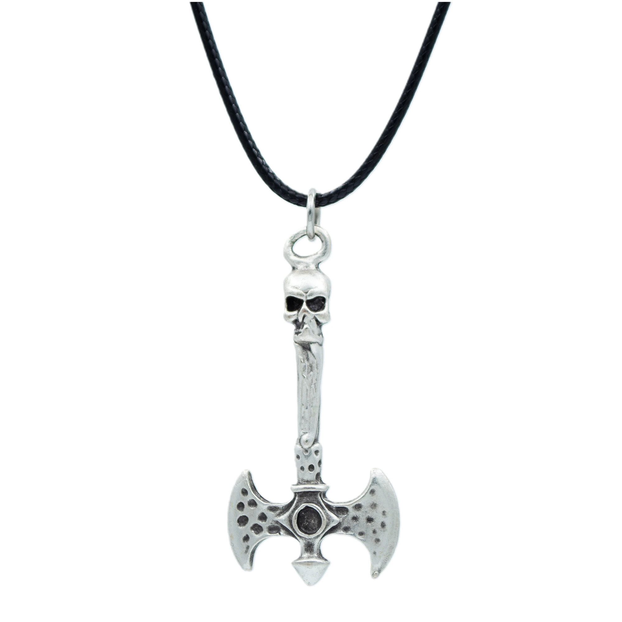 Çift Taraflı Savaşçı Balta Kolye - Gümüş ( Silver ) Renk - 60 cm Deri İp Kolye