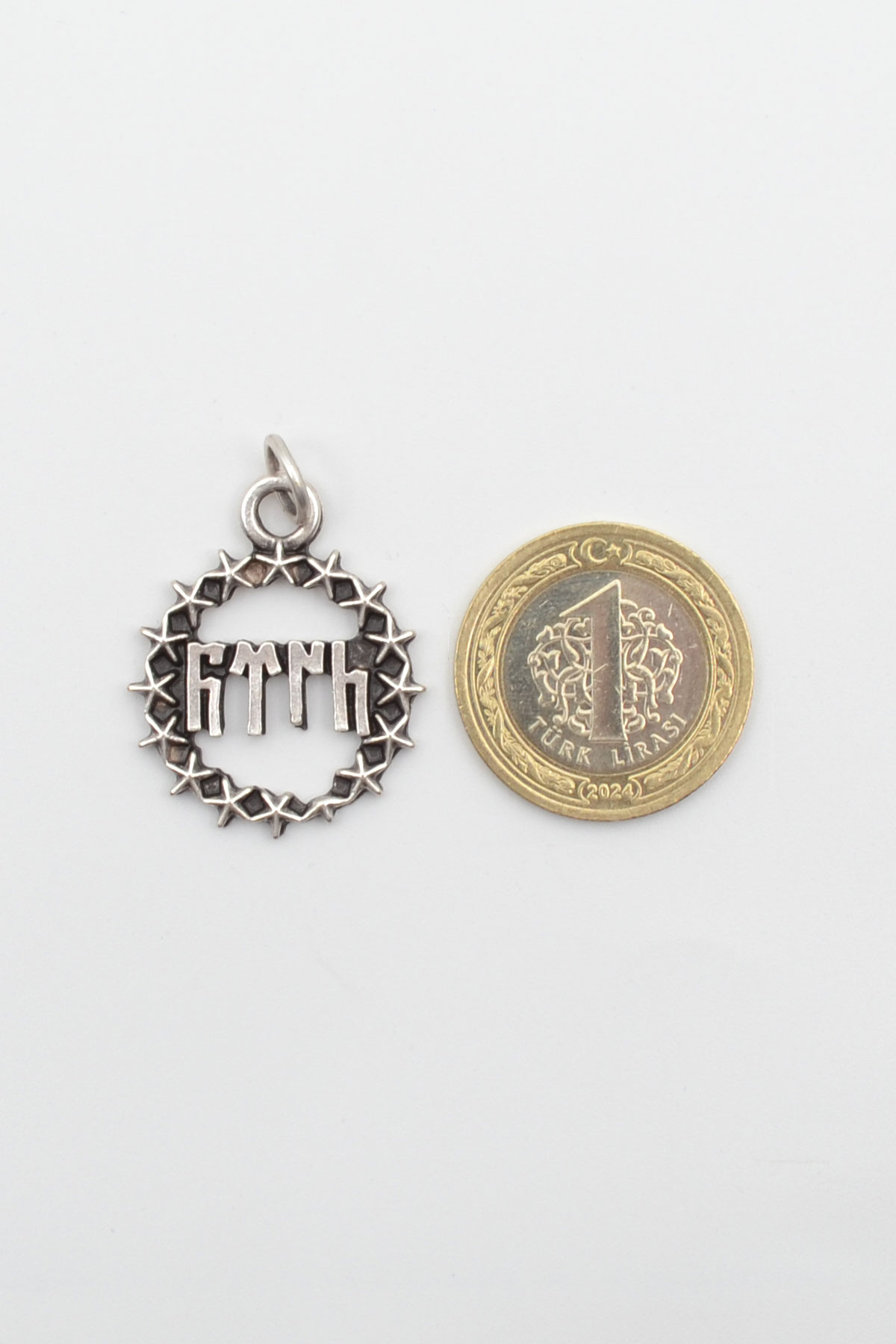 Göktürkçe Türk Yazılı ve Yıldızlı Kolye Ucu - Gümüş ( Silver ) Renk