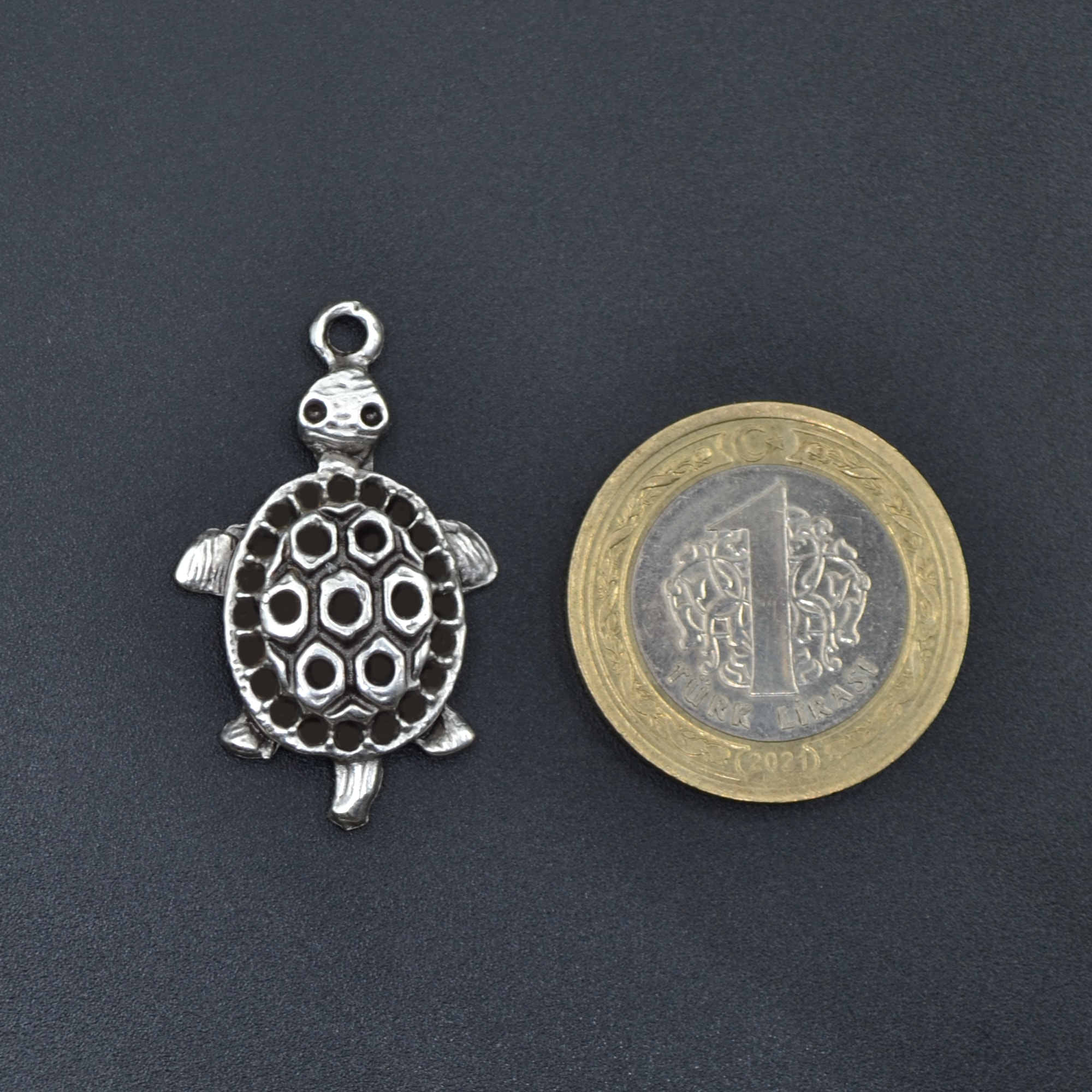 Kaplumbağ Kolye - Gümüş ( Silver ) Renk - 60 cm Düz Ezme Zincir Kolye