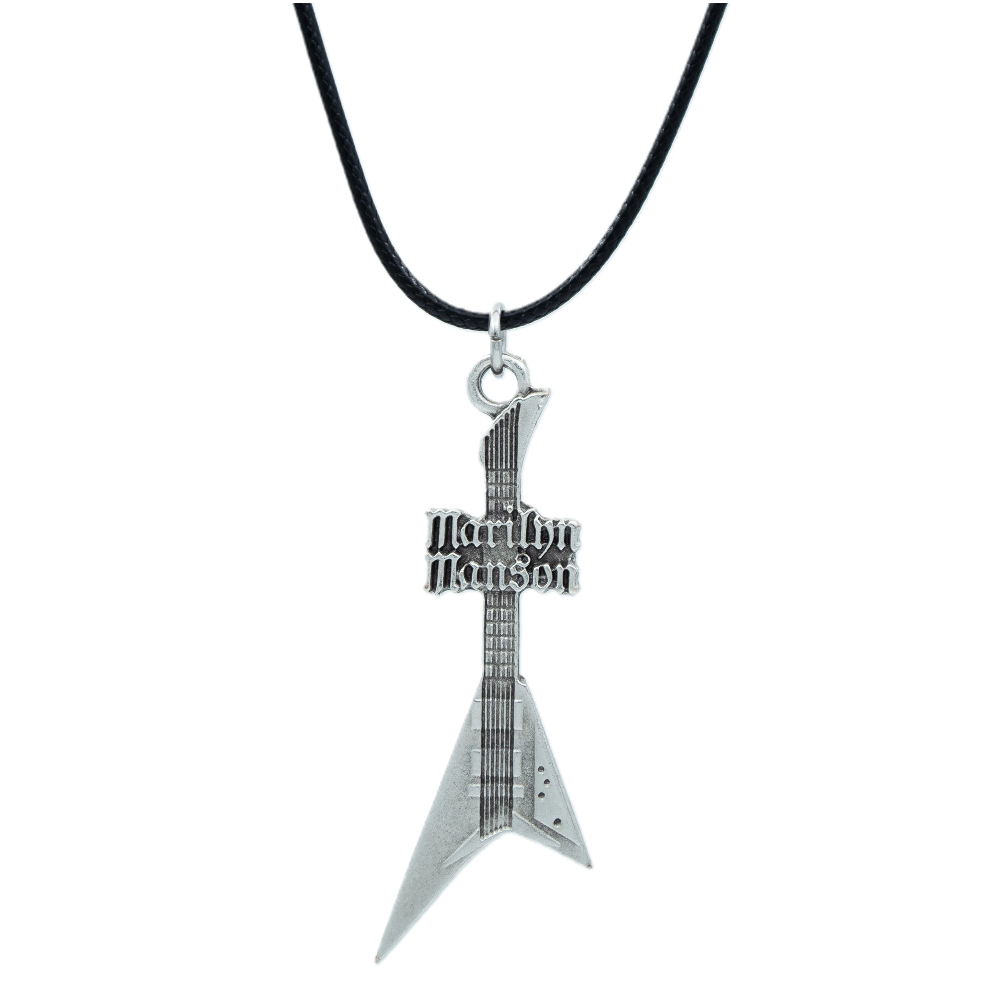 Marilyn Manson Elektro Gitar Kolye - Gümüş ( Silver ) Renk - 60 cm Deri İp Kolye