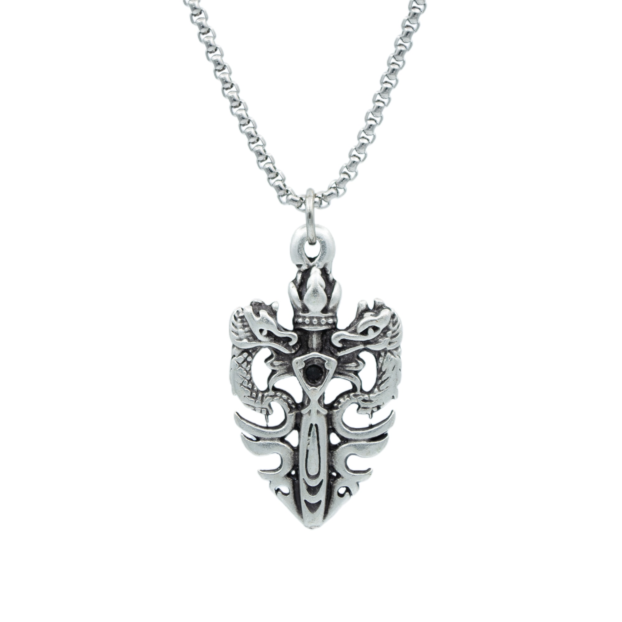 Ejderha Kılıç Kolye - Gümüş ( Silver ) Renk - 60 cm Örme Zincir Kolye