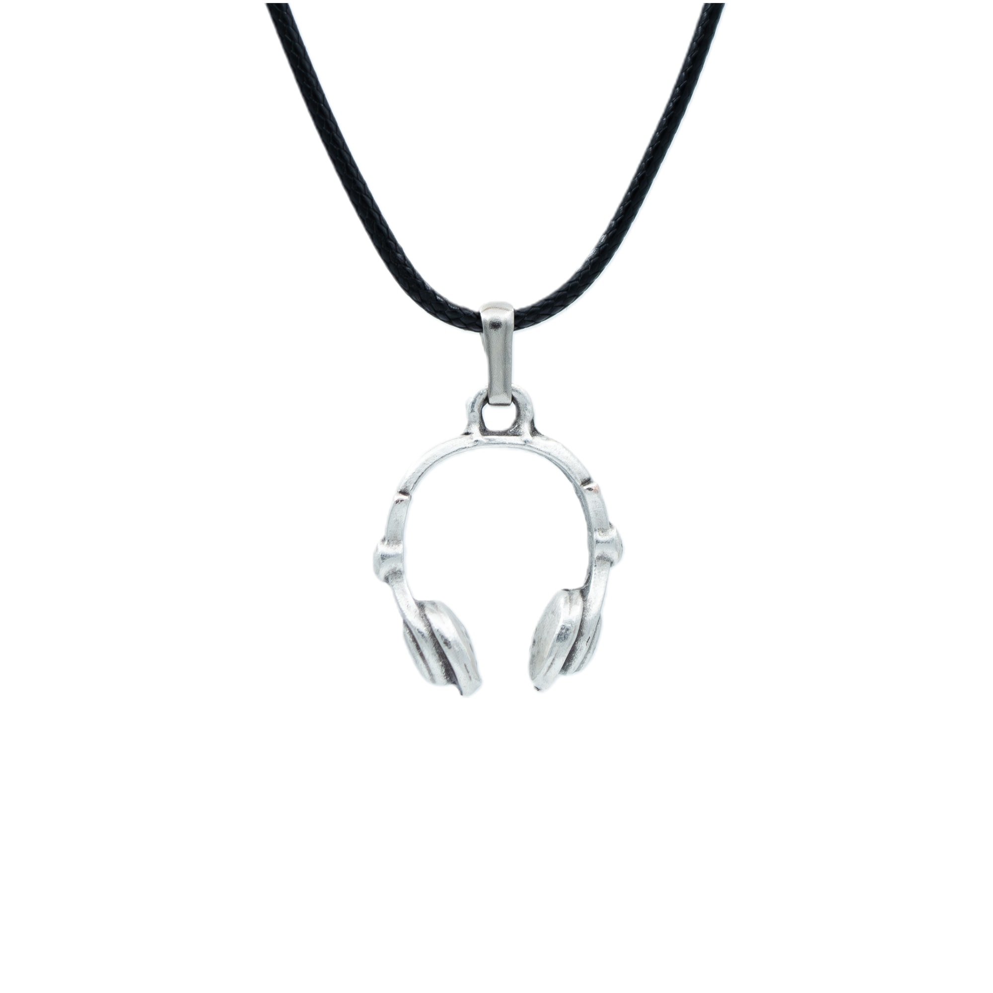 Kulaklık Kolye - Gümüş ( Silver ) Renk - 60 cm Deri İp Kolye