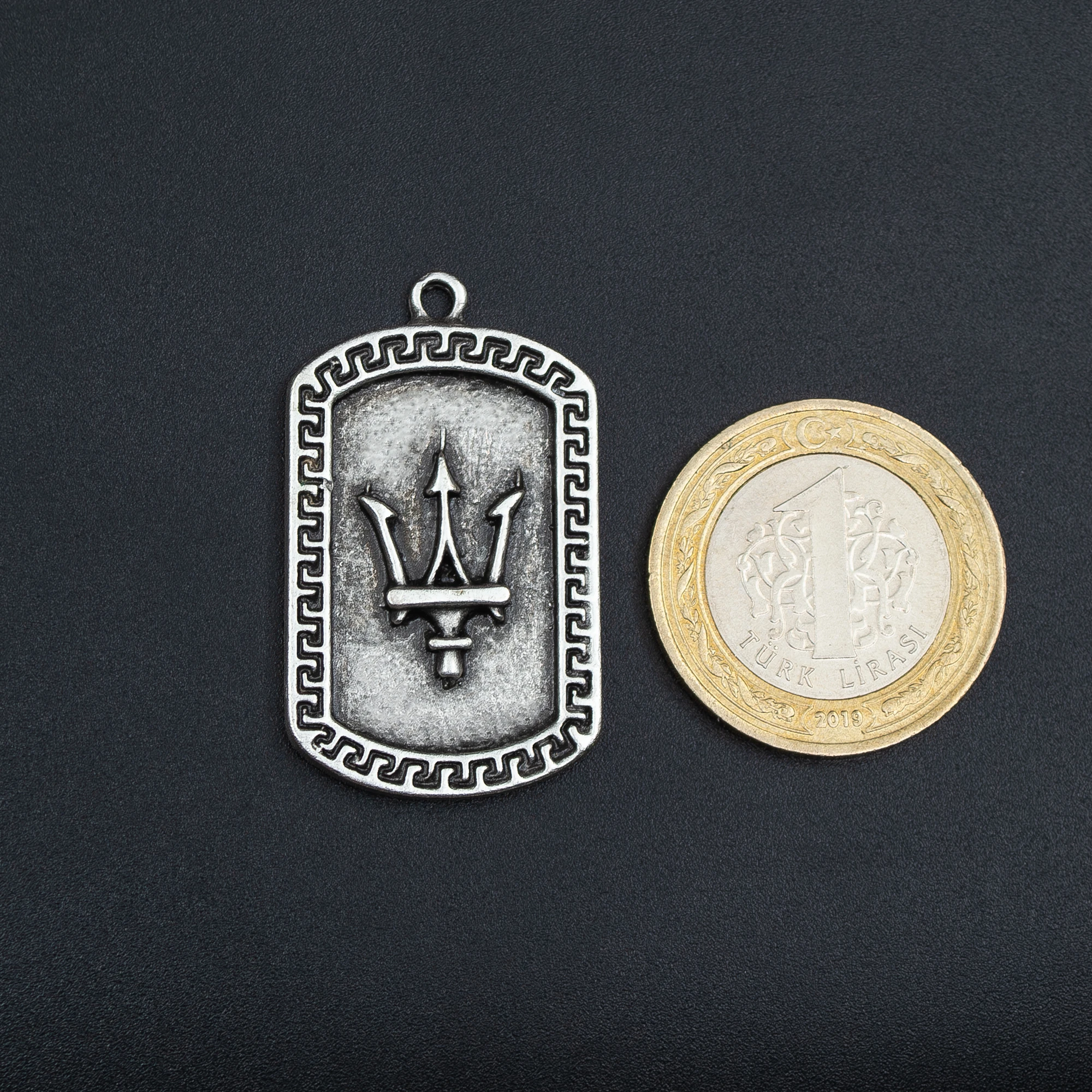 Poseidon - Mızrak Kolye - Gümüş ( Silver ) Renk - 60 cm Deri İp Kolye