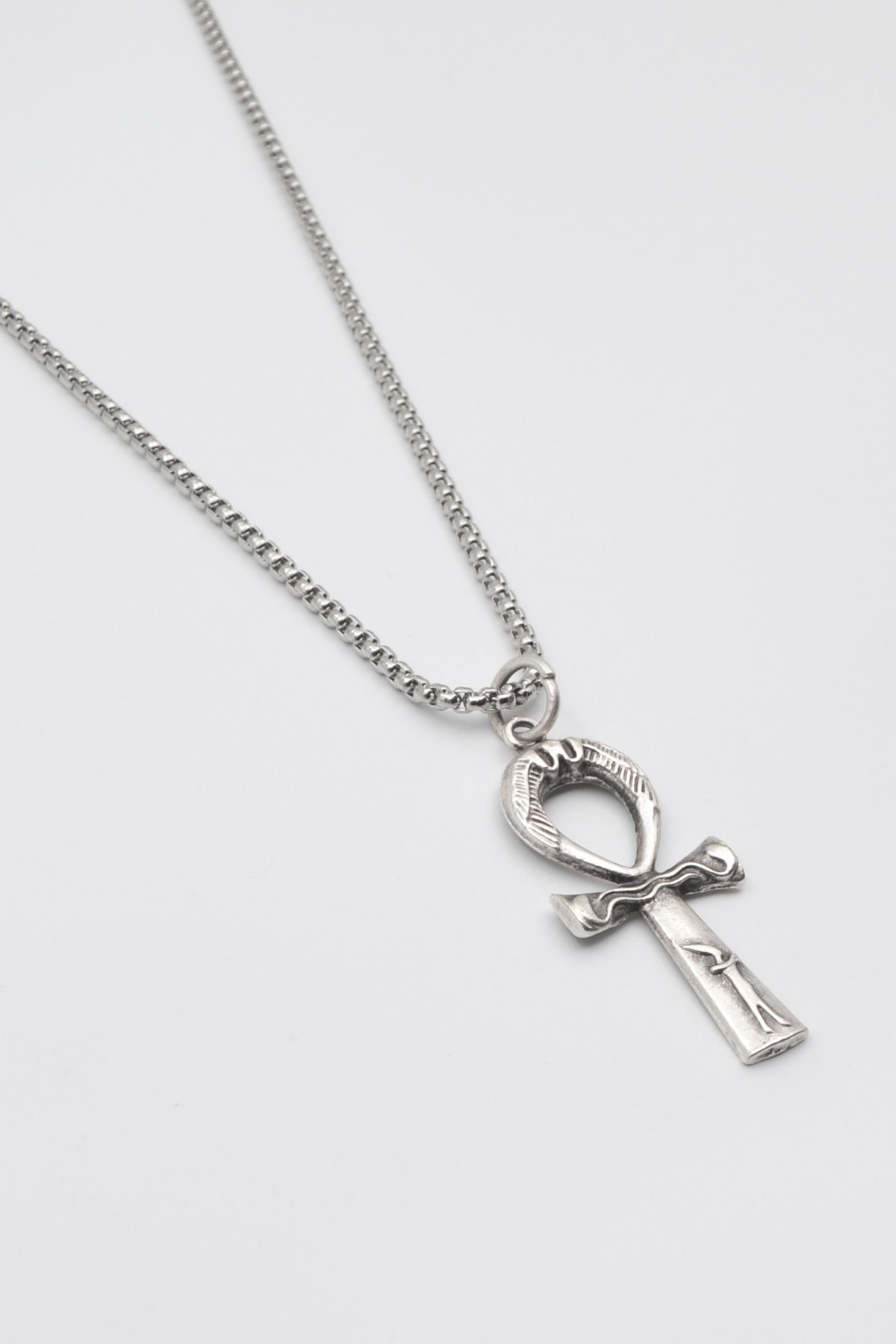 Ankh Yaşam Sembolü Kolye - Gümüş ( Silver ) Renk - 60 cm Örme Zincir Kolye