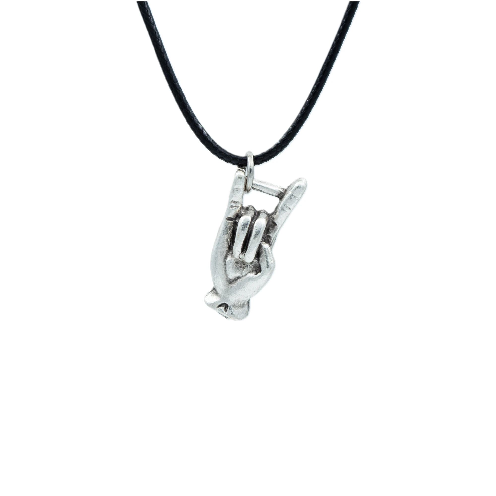 Şeytan Boynuzları - Devil Horns Kolye - Gümüş ( Silver ) Renk - 60 cm Deri İp Kolye