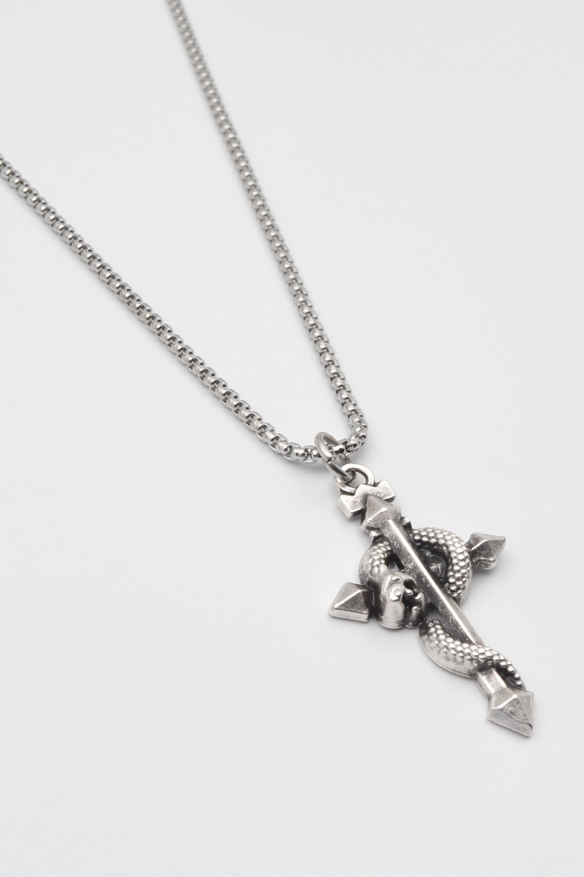 Yılanlı Haç Kolye - Gümüş ( Silver ) Renk - 60 cm Örme Zincir Kolye