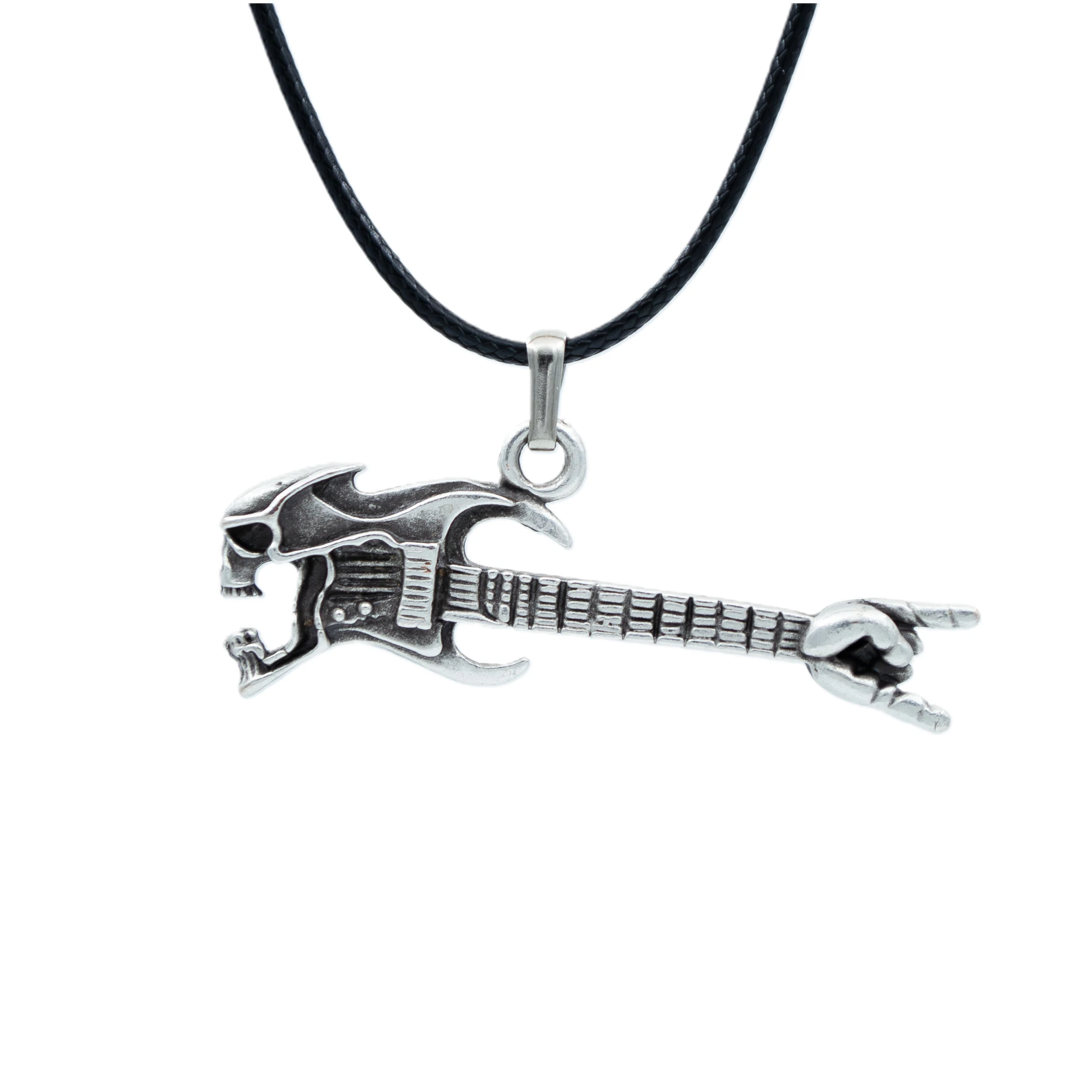 Kuru Kafa Elektro Gitar Kolye - Gümüş ( Silver ) Renk - 60 cm Deri İp Kolye