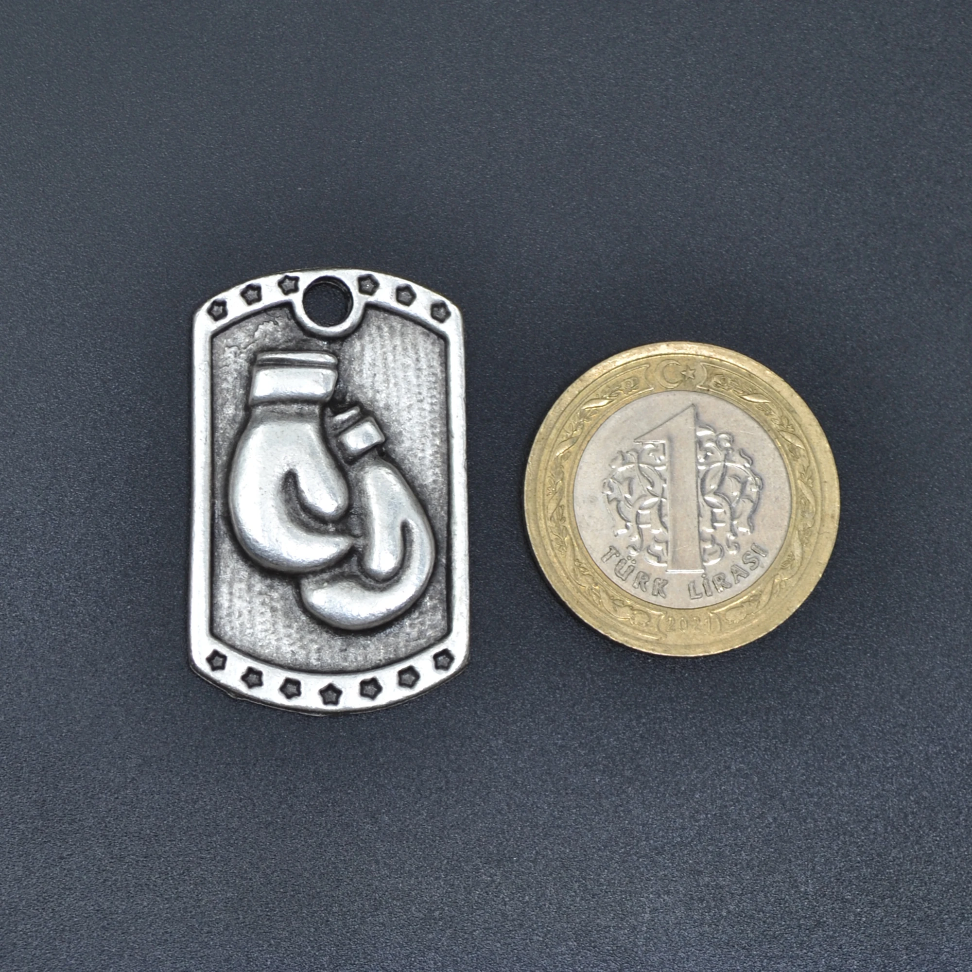 Boks Eldiveni Künye Kolye - Gümüş ( Silver ) Renk - 60 cm Deri İp Kolye