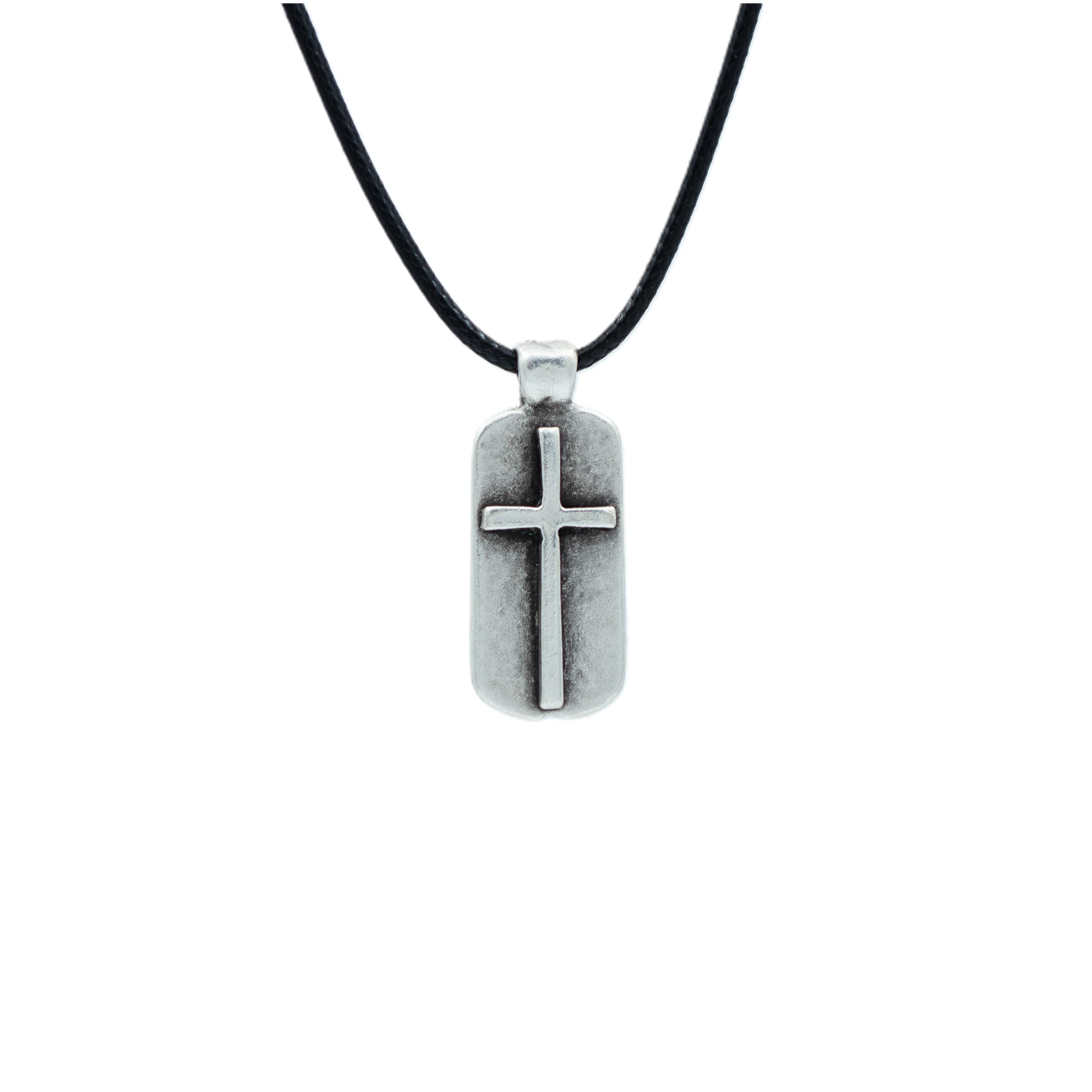 Minimal Haç Künye Kolye - Gümüş ( Silver ) Renk - 60 cm Deri İp Kolye