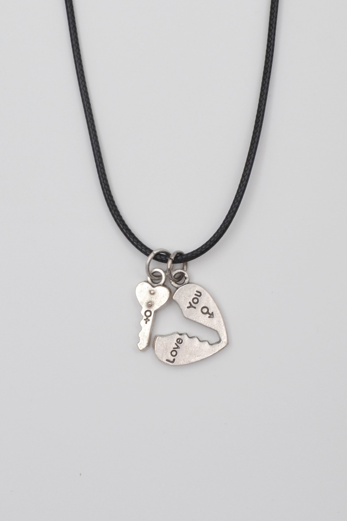 Kalp ve Anahtar 2'li Kolye - Gümüş ( Silver ) Renk - 60 cm Deri İp Kolye