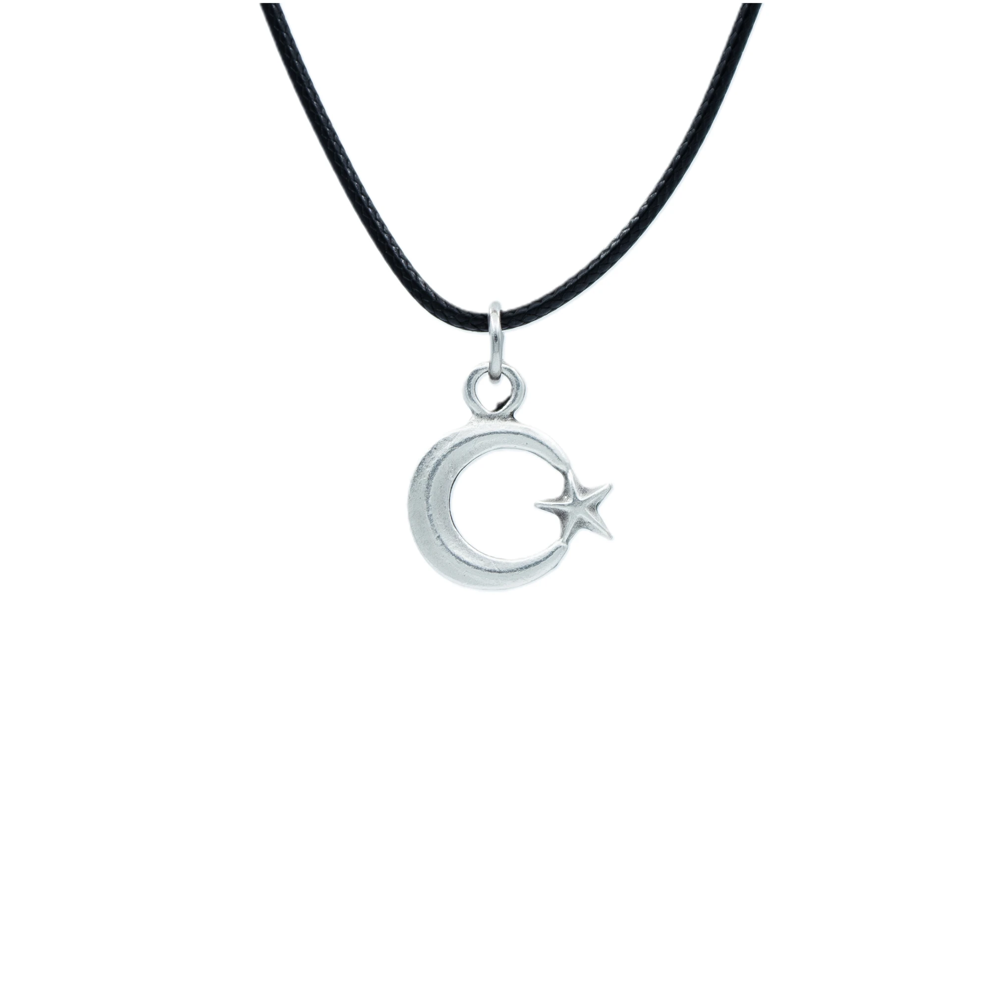 Minimal Ay Yıldız Kolye - Gümüş ( Silver ) Renk - 60 cm Deri İp Kolye