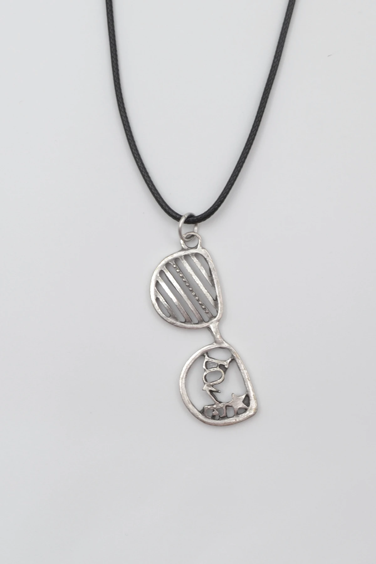 Gözlük ve Love Siyah Deri İp Kolye - Antik Gümüş Kaplama - Kadın Erkek - 60 cm