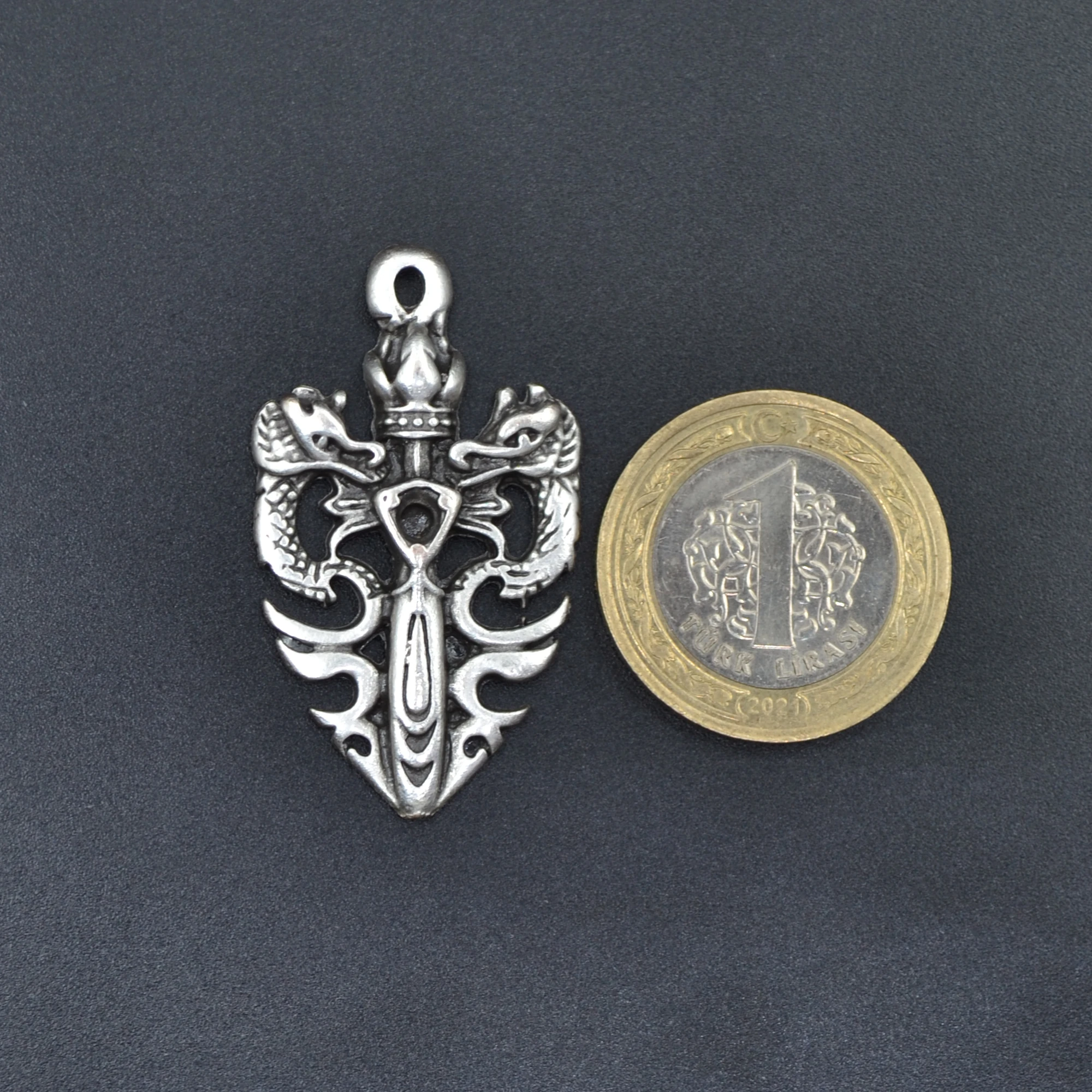 Ejderha Kılıç Kolye - Gümüş ( Silver ) Renk - 60 cm Düz Ezme Zincir Kolye