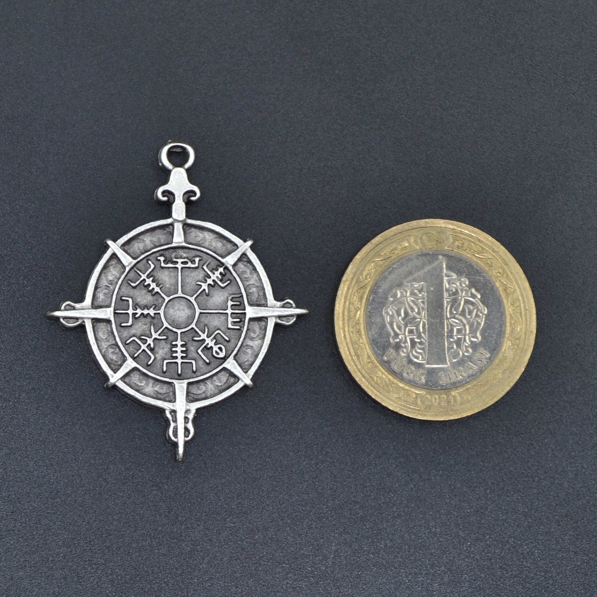 Viking Vegvisir Pusula Kolye - Gümüş ( Silver ) Renk - 60 cm Düz Ezme Zincir Kolye
