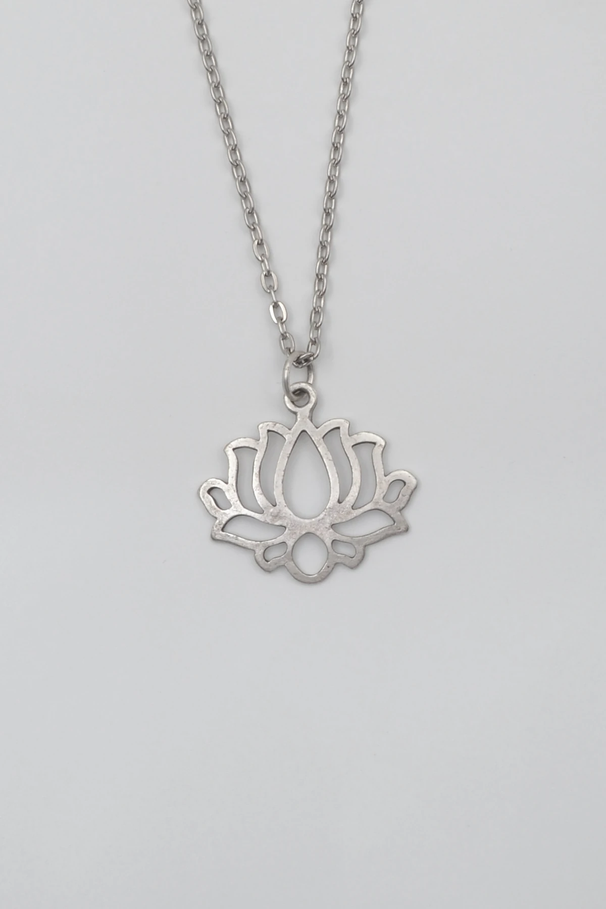 Lotus Çiçeği Düz Ezme Zincir Kolye - Antik Gümüş Kaplama - Kadın Erkek - 60 cm