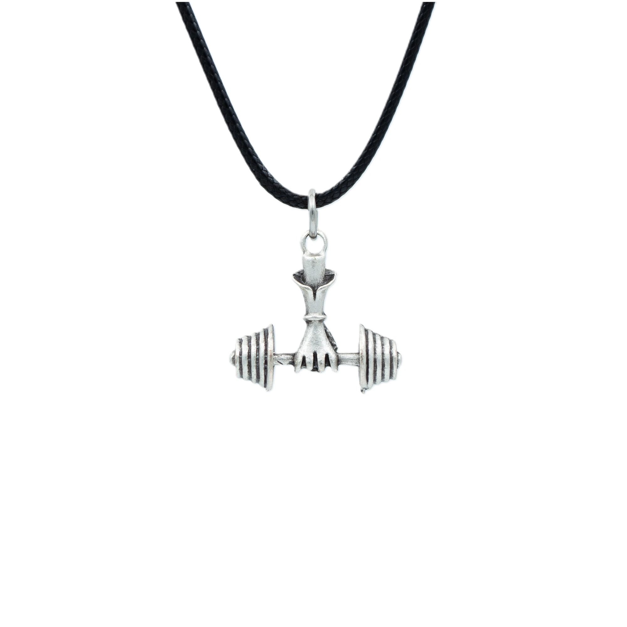 Sporcu Halter - Dambıl Kolye - Gümüş ( Silver ) Renk - 60 cm Deri İp Kolye