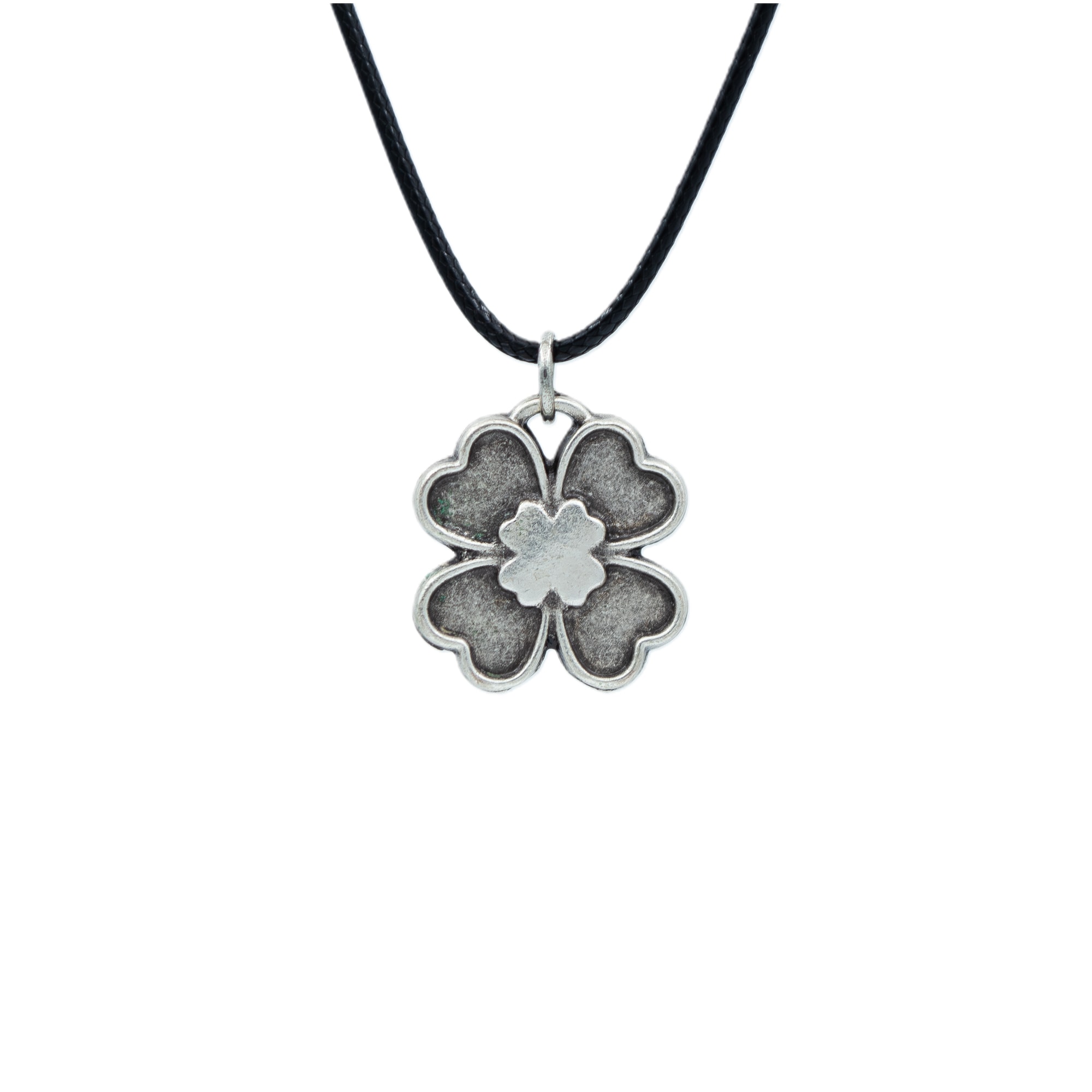 Dört Yapraklı Yonca Kolye - Gümüş ( Silver ) Renk - 60 cm Deri İp Kolye