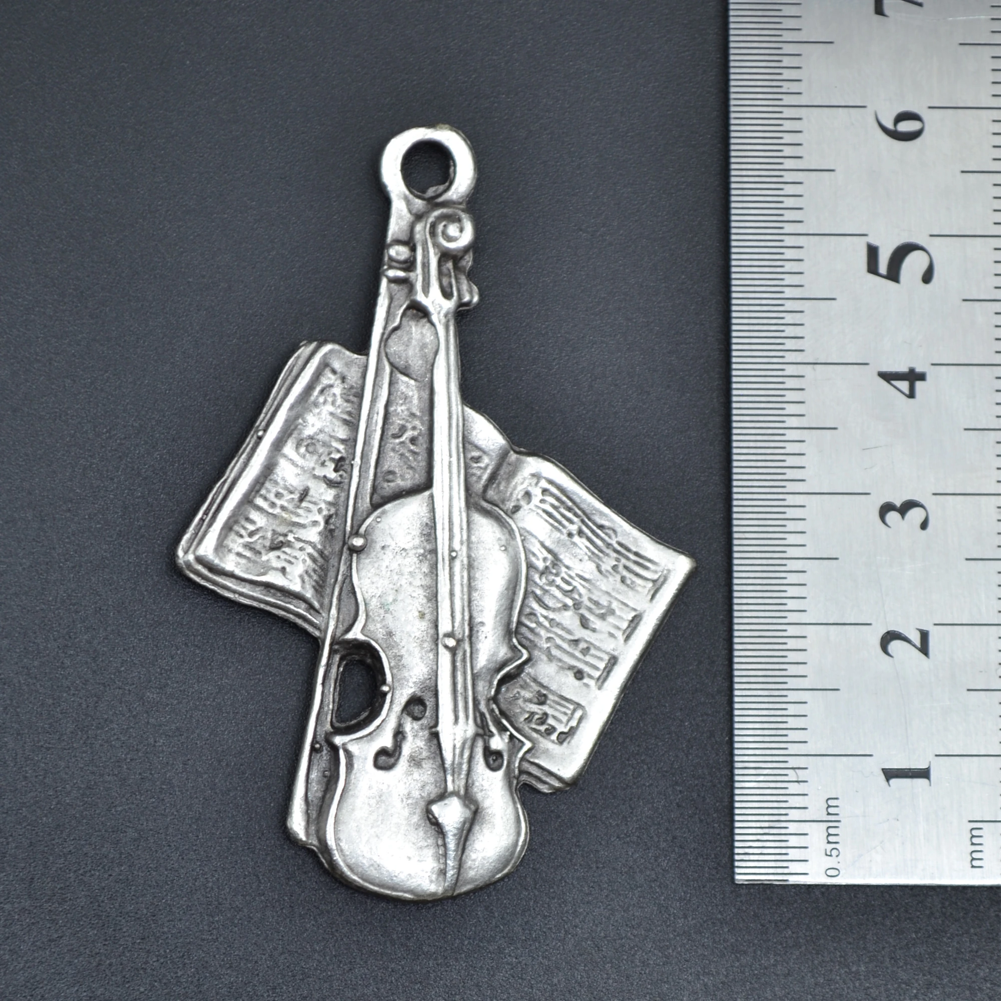 Keman - Nota Defteri Kolye - Gümüş ( Silver ) Renk - 60 cm Deri İp Kolye