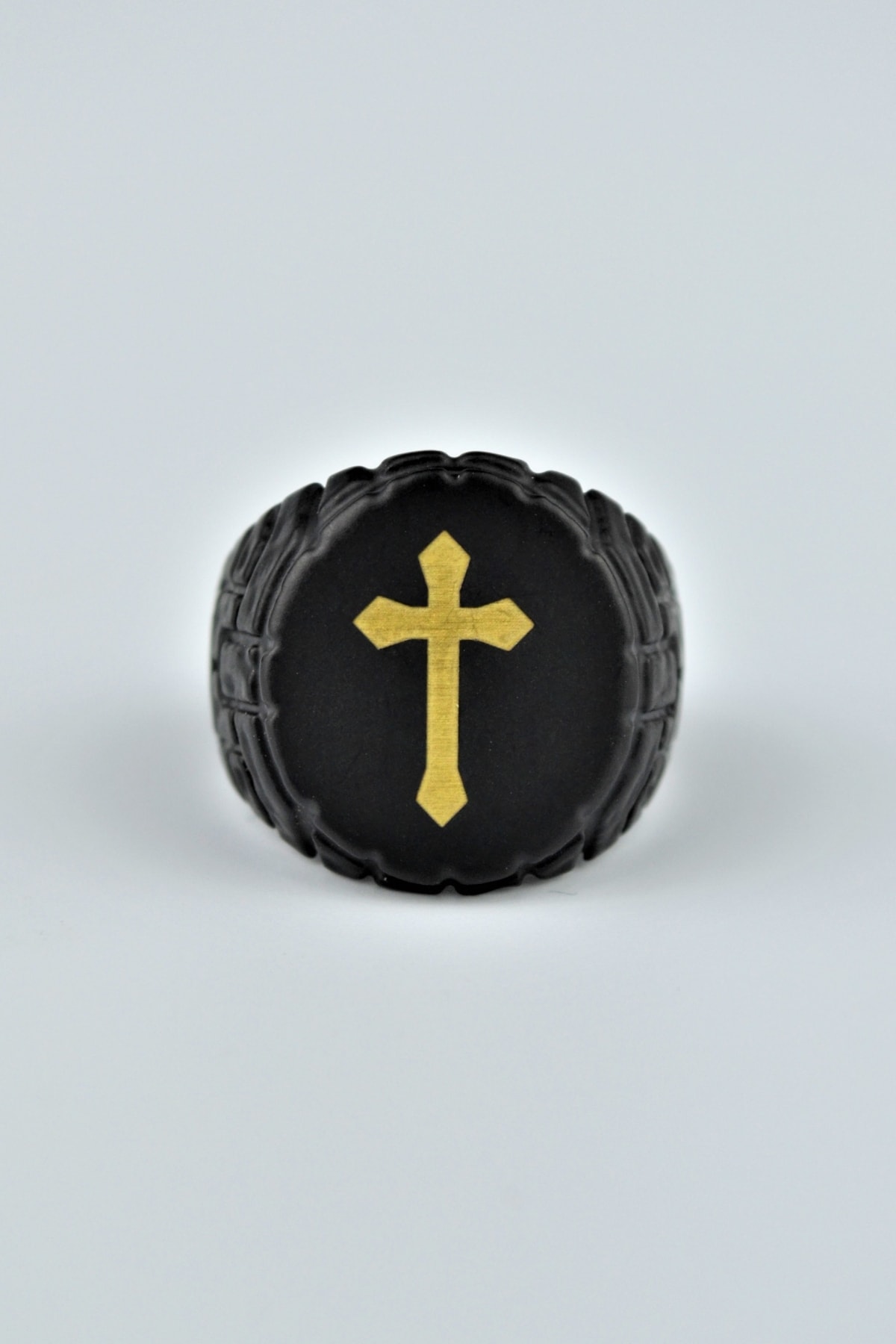 Haç Yuvarlak Şovalye Mat Siyah Ayarlamalı Erkek Yüzük