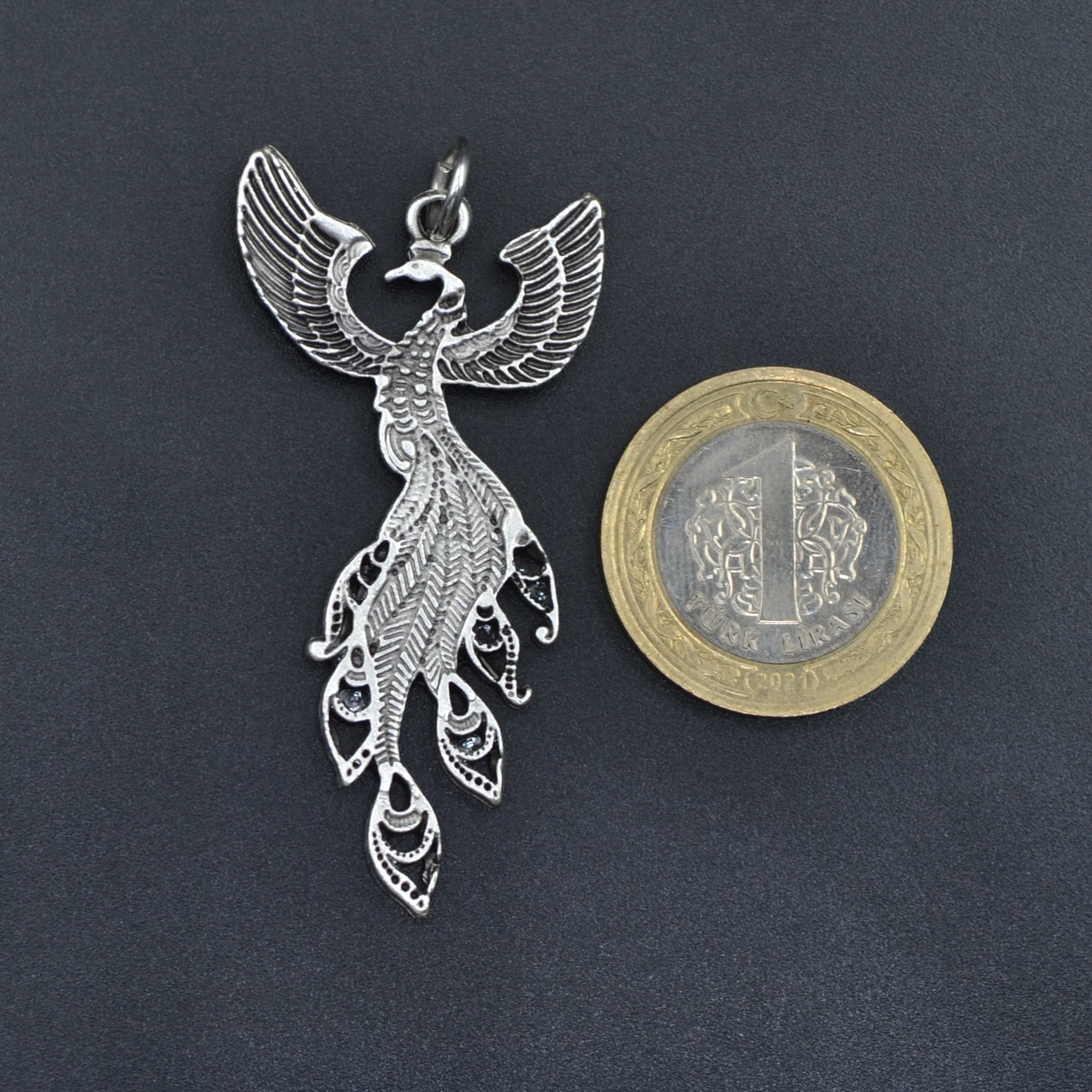 Zümrüdü Anka Kuşu Kolye - Gümüş ( Silver ) Renk - 60 cm Düz Ezme Zincir Kolye