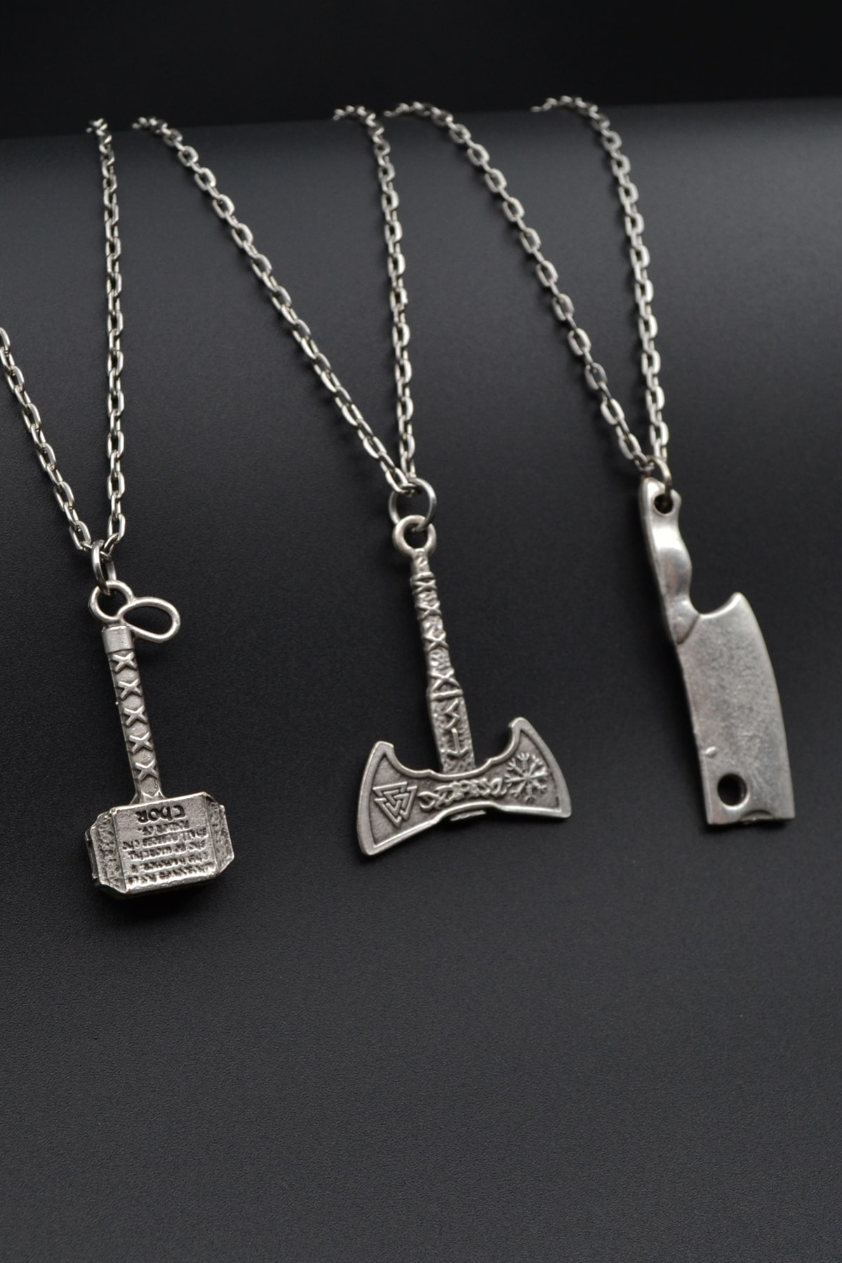 3'lü Thor Çekiç Satır Çift Taraflı Viking Balta Erkek Kadın Kolye Seti