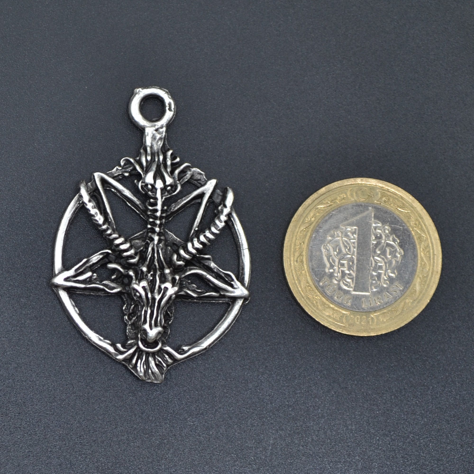 Pentagram Yıldızı Keçi Kafası Kolye - Gümüş ( Silver ) Renk - 60 cm Düz Ezme Zincir Kolye