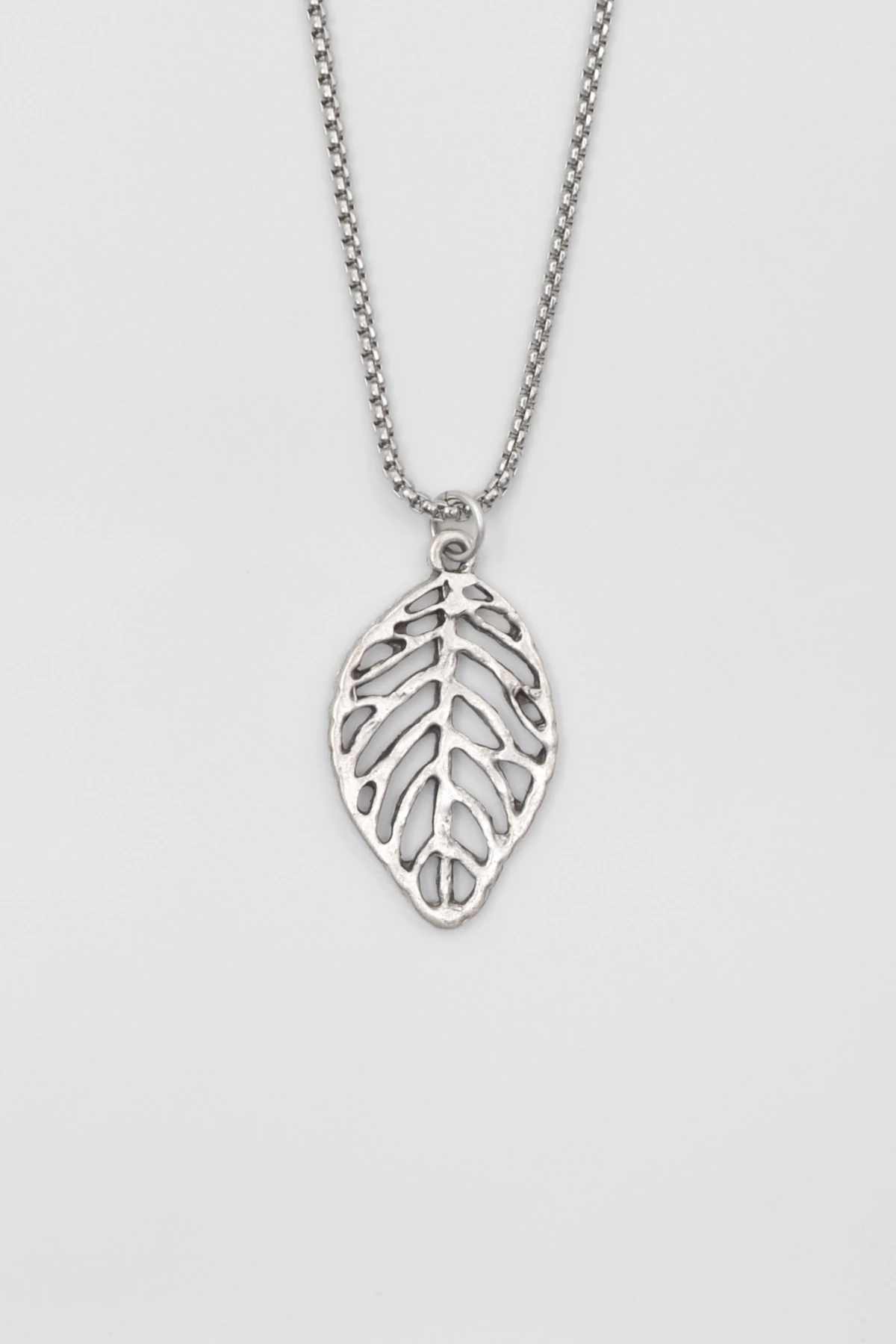 Yaprak Örme Zincir Kolye - Antik Gümüş Kaplama - Kadın Erkek - 60 cm