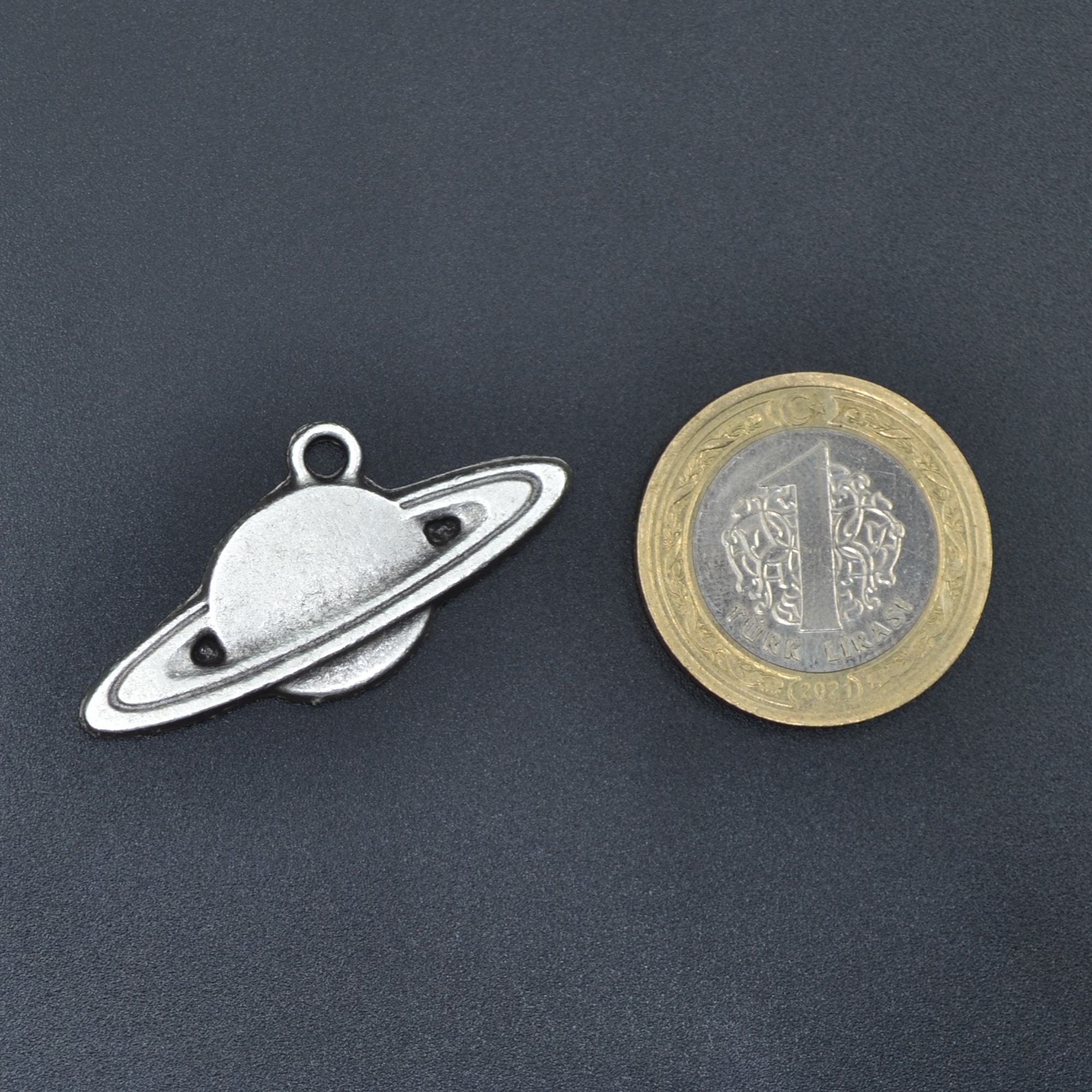 Gezegen - Satürn Kolye - Gümüş ( Silver ) Renk - 60 cm Düz Ezme Zincir Kolye