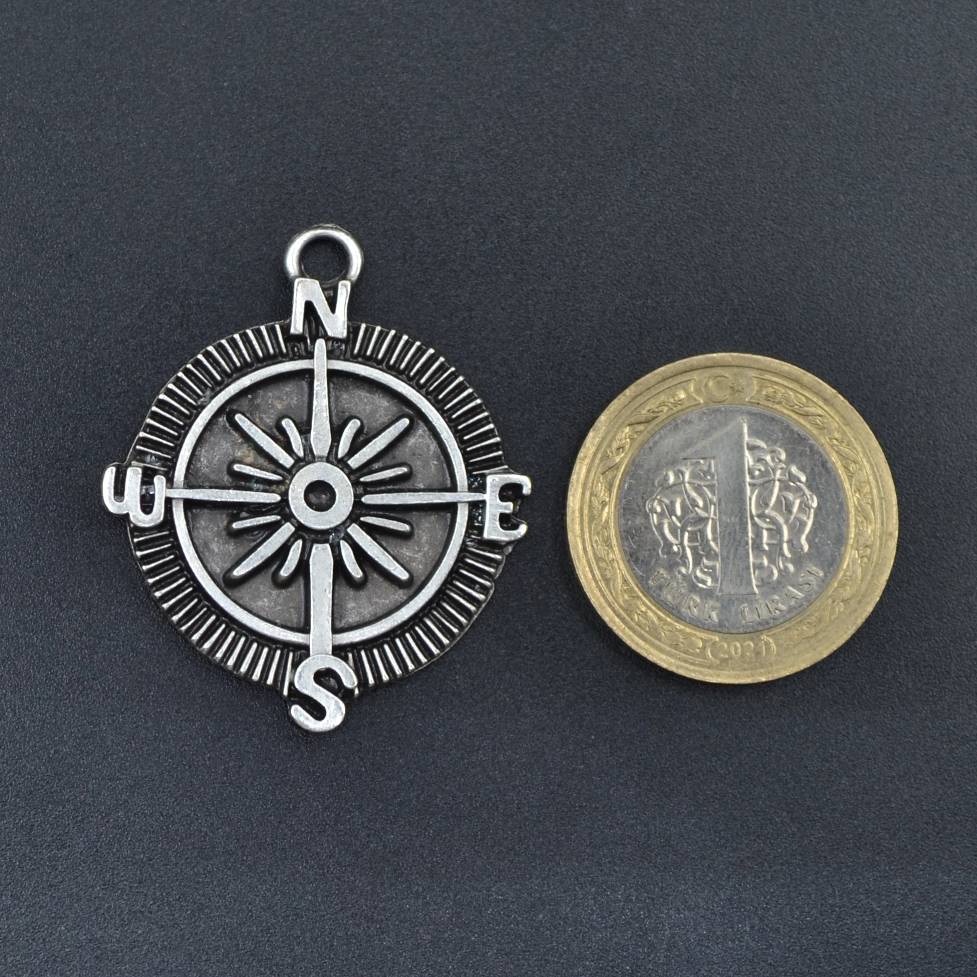 Pusula Kolye - Gümüş ( Silver ) Renk - 60 cm Deri İp Kolye