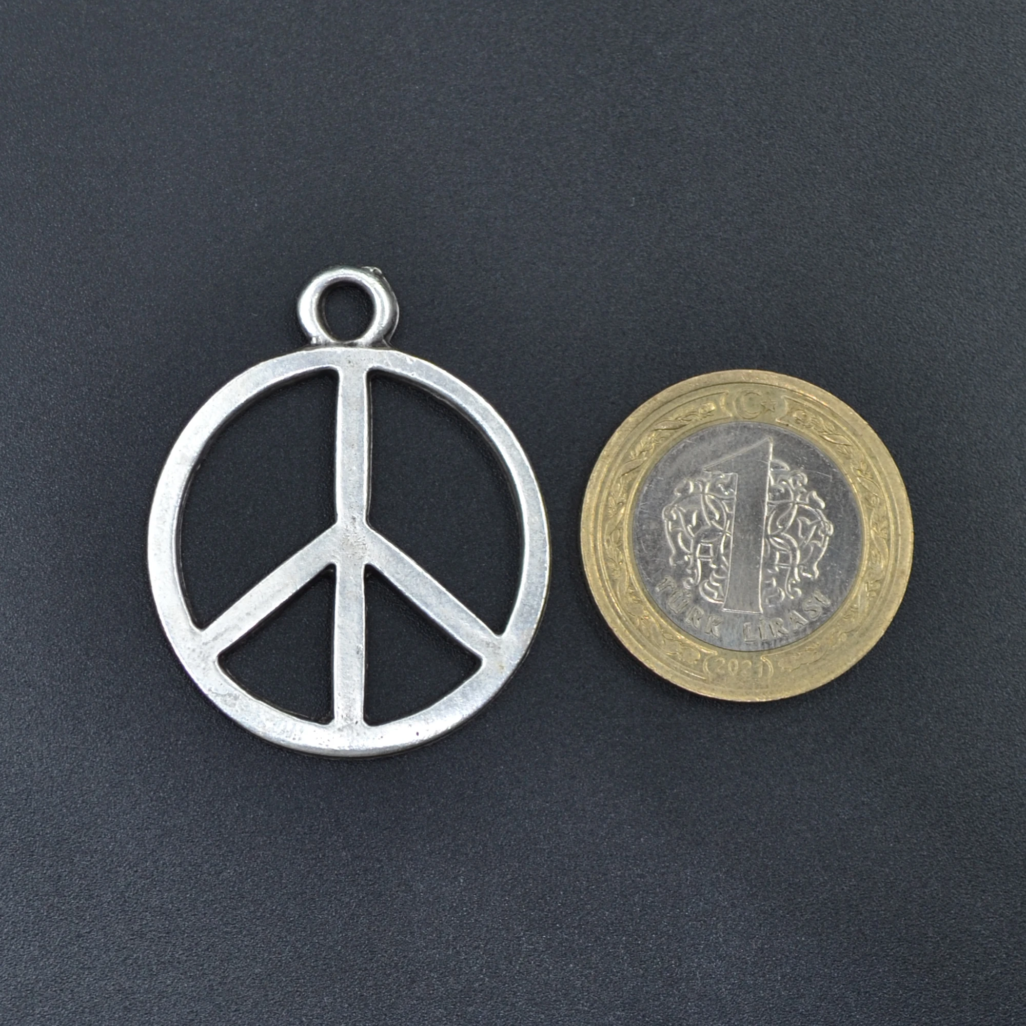 Peace Barış Sembolü Kolye - Gümüş ( Silver ) Renk - 60 cm Düz Ezme Zincir Kolye