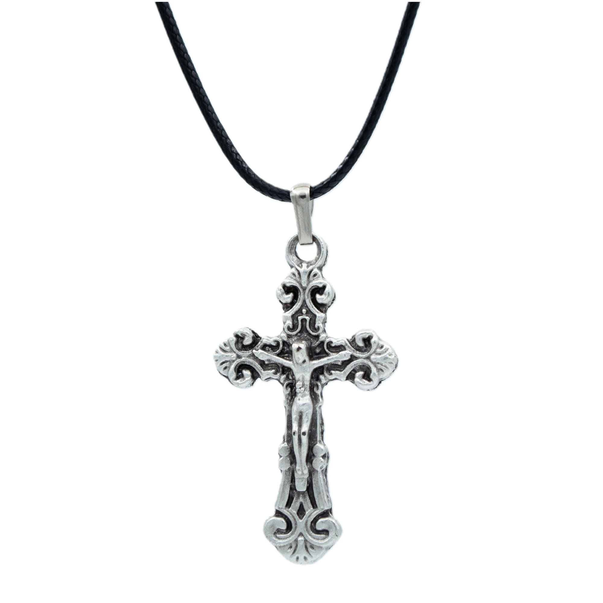 Hz. İsa Haç Kolye - Gümüş ( Silver ) Renk - 60 cm Deri İp Kolye