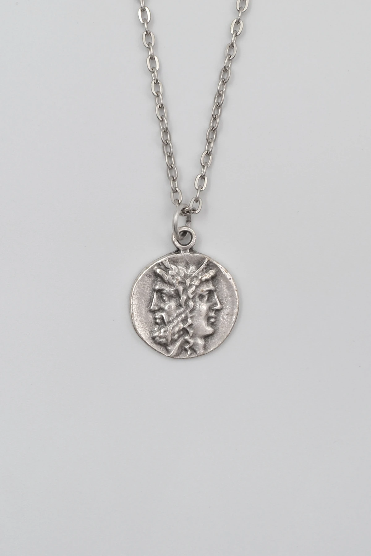 İki Yüzlü Janus Düz Ezme Zincir Kolye - Antik Gümüş Kaplama - Kadın Erkek - 60 cm