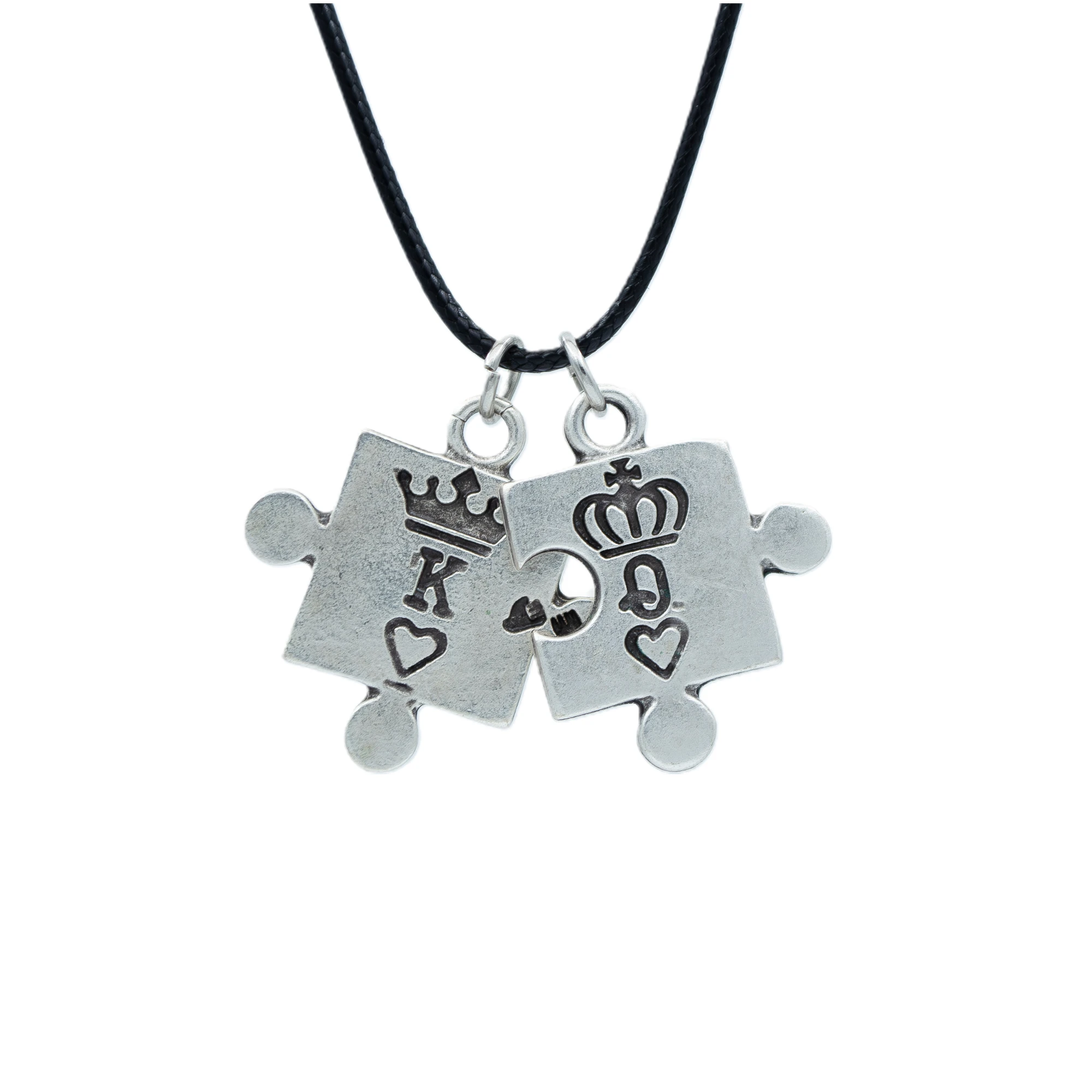 Puzzle - Queen - King Kolye - Gümüş ( Silver ) Renk - 60 cm Deri İp Kolye